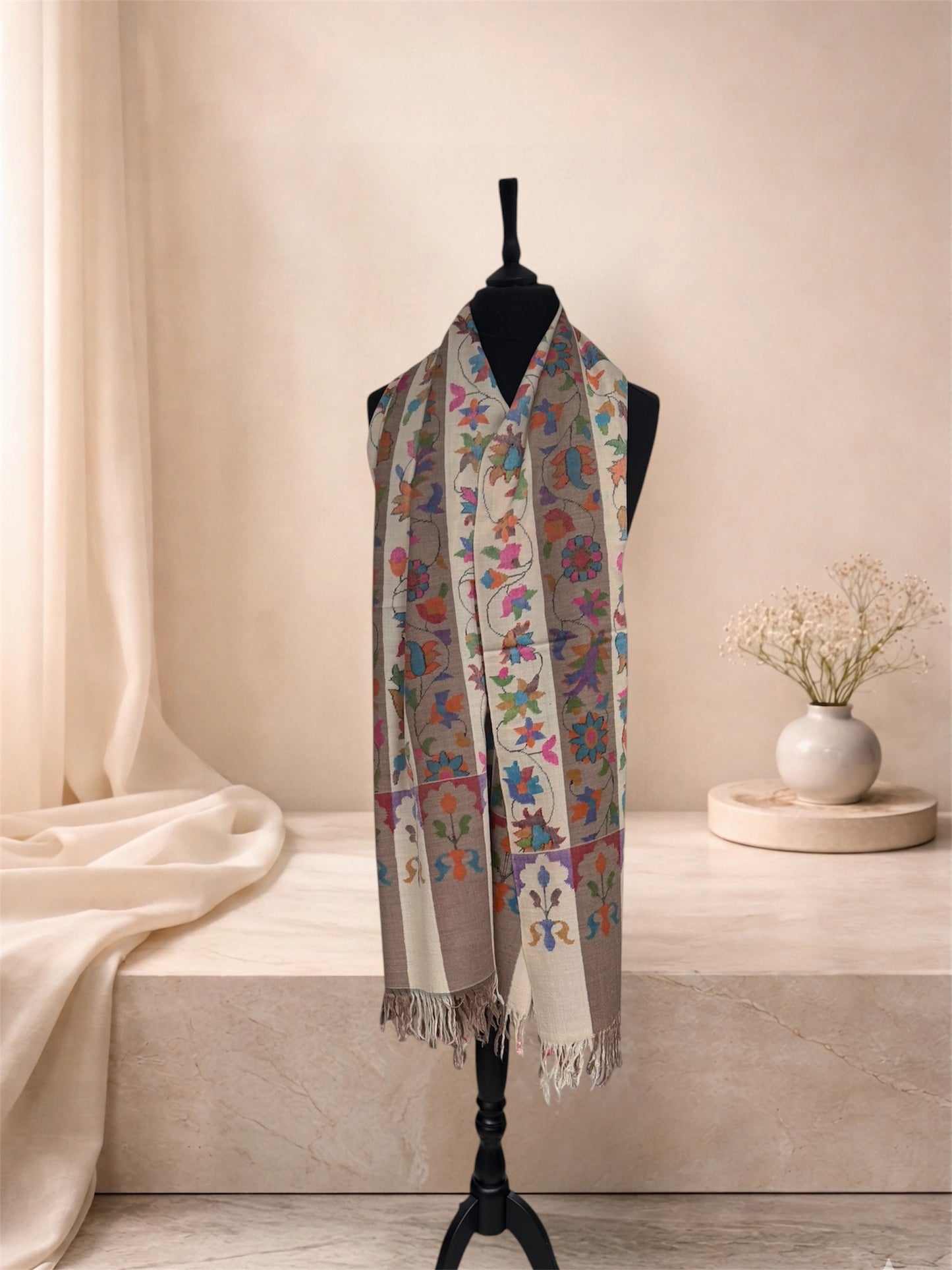 Ivory & Taupe Pure Pashmina Kani Shawl with Multicolour Floral Jaal