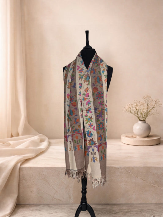 Ivory & Taupe Pure Pashmina Kani Shawl with Multicolour Floral Jaal