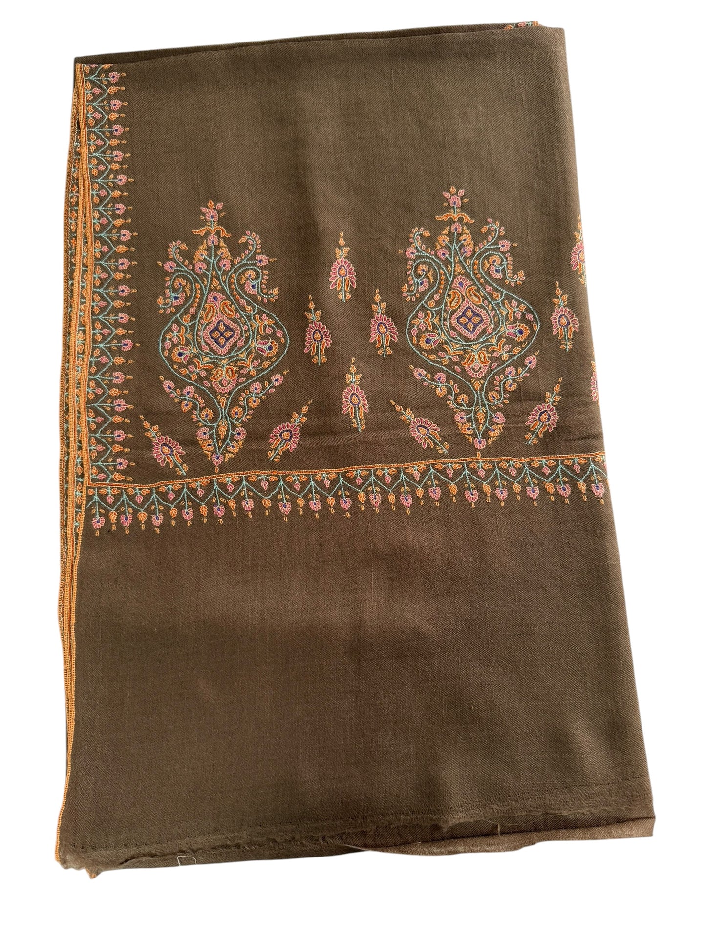 Cocoa-Brown Pure Pashmina Shawl with Sozni Embroidery Paisley Motifs