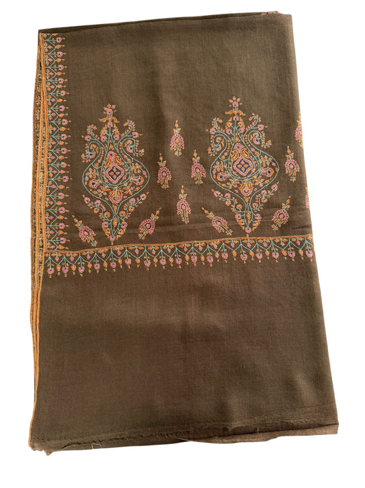 Cocoa-Brown Pure Pashmina Shawl with Sozni Embroidery Paisley Motifs