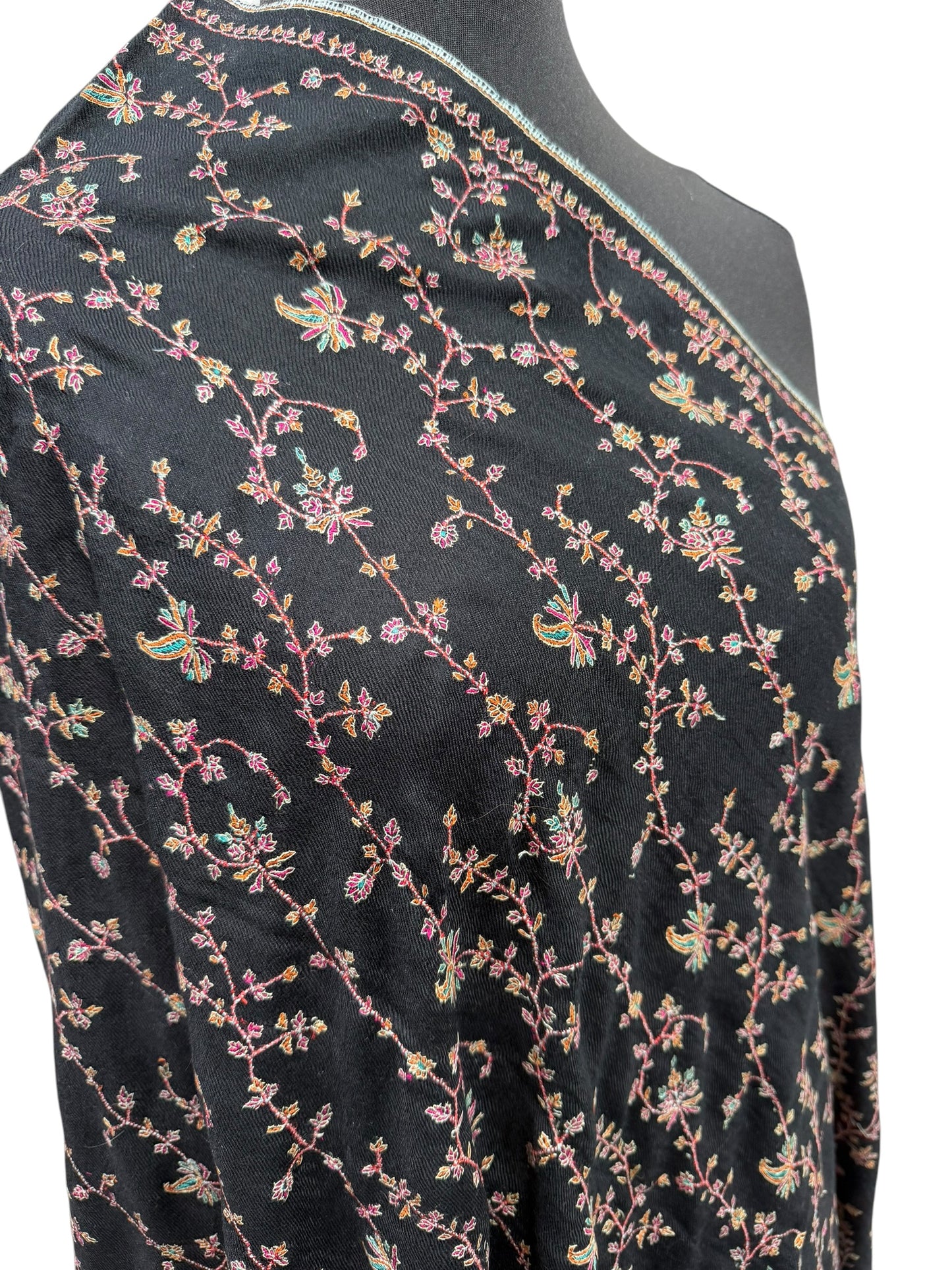 Black Pashmina Shawl with Sozni Floral Vine Embroidery