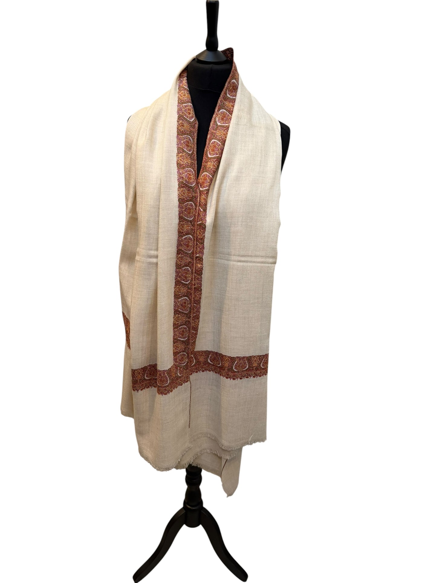 Ivory Pashmina Shawl with Sozni Embroidered Paisley Border