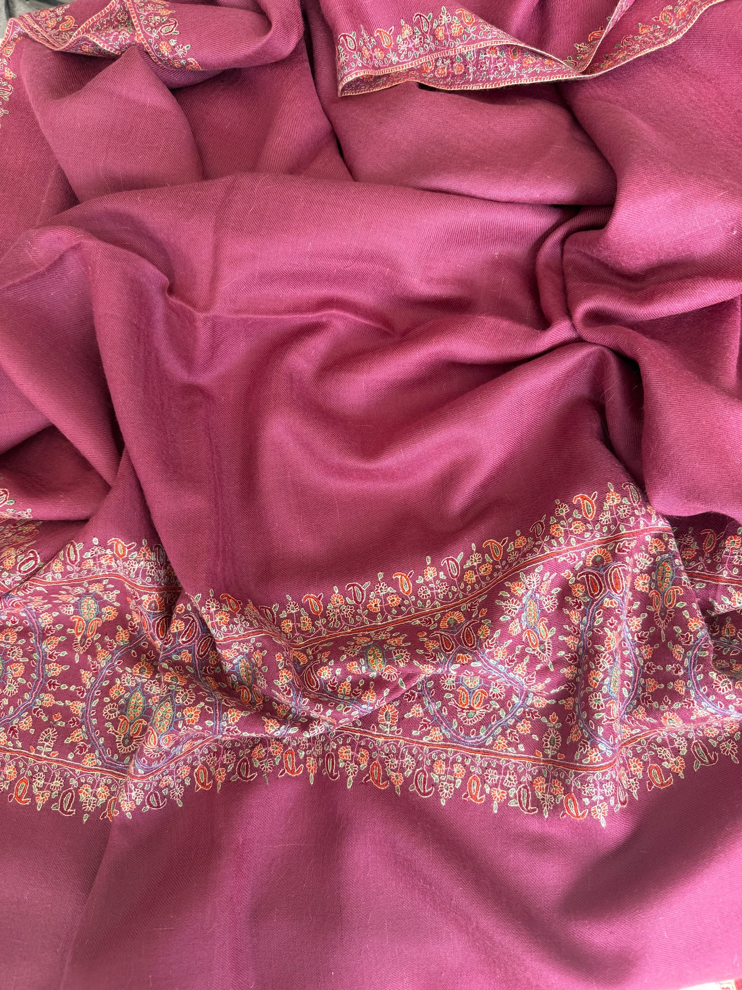 Rose Pink Pure Pashmina Shawl with Sozni Hand-Embroidered Paisley Border