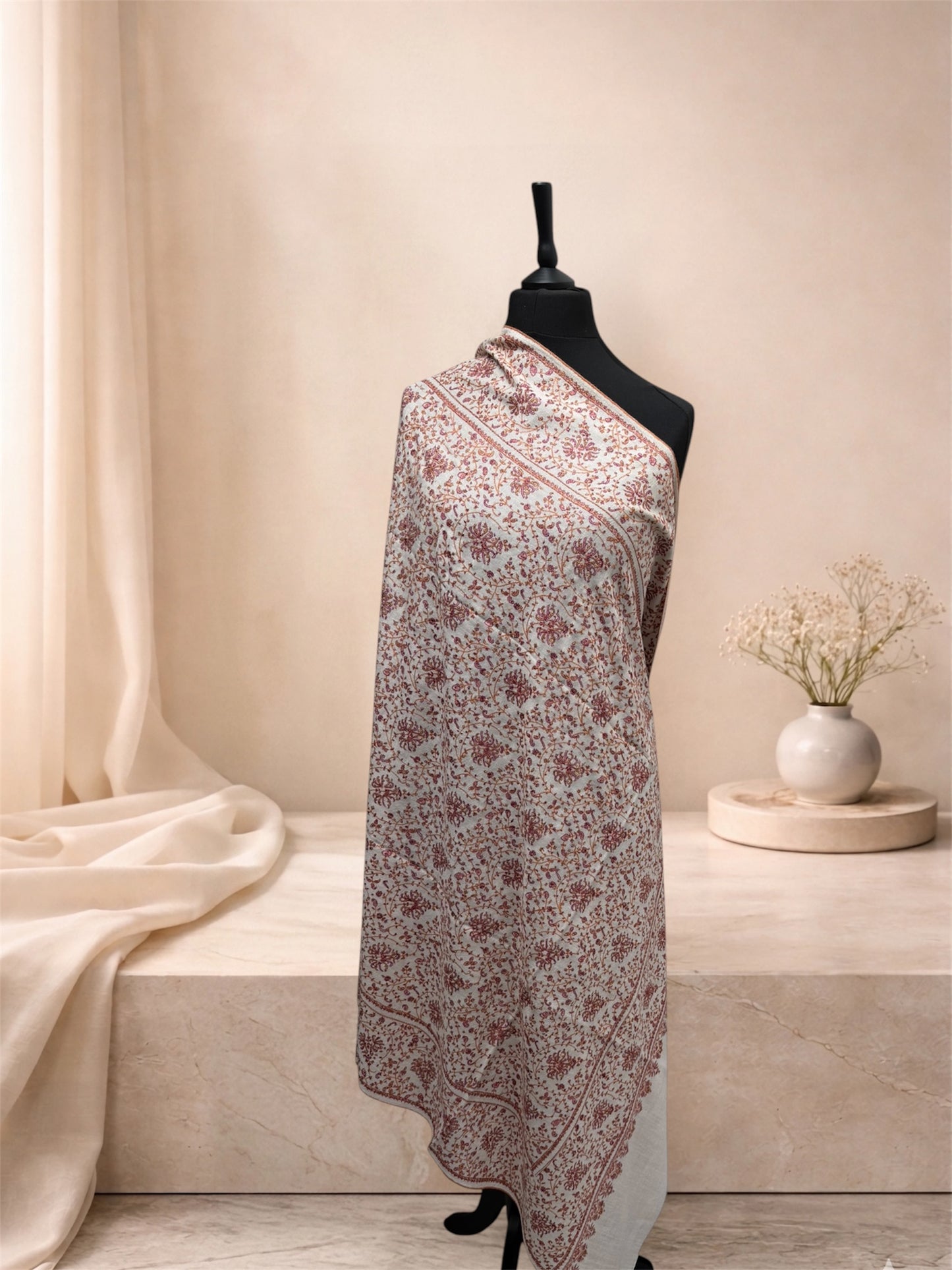 Ivory Pashmina Shawl with Sozni Embroidery Floral Jaal
