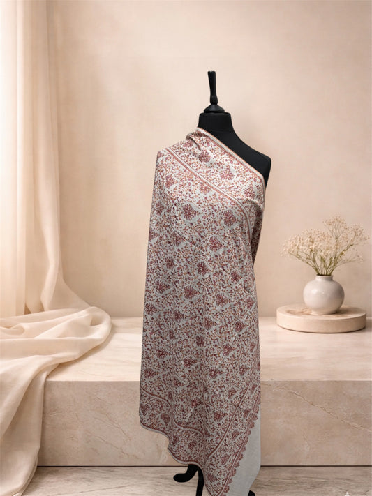 Ivory Pashmina Shawl with Sozni Embroidery Floral Jaal