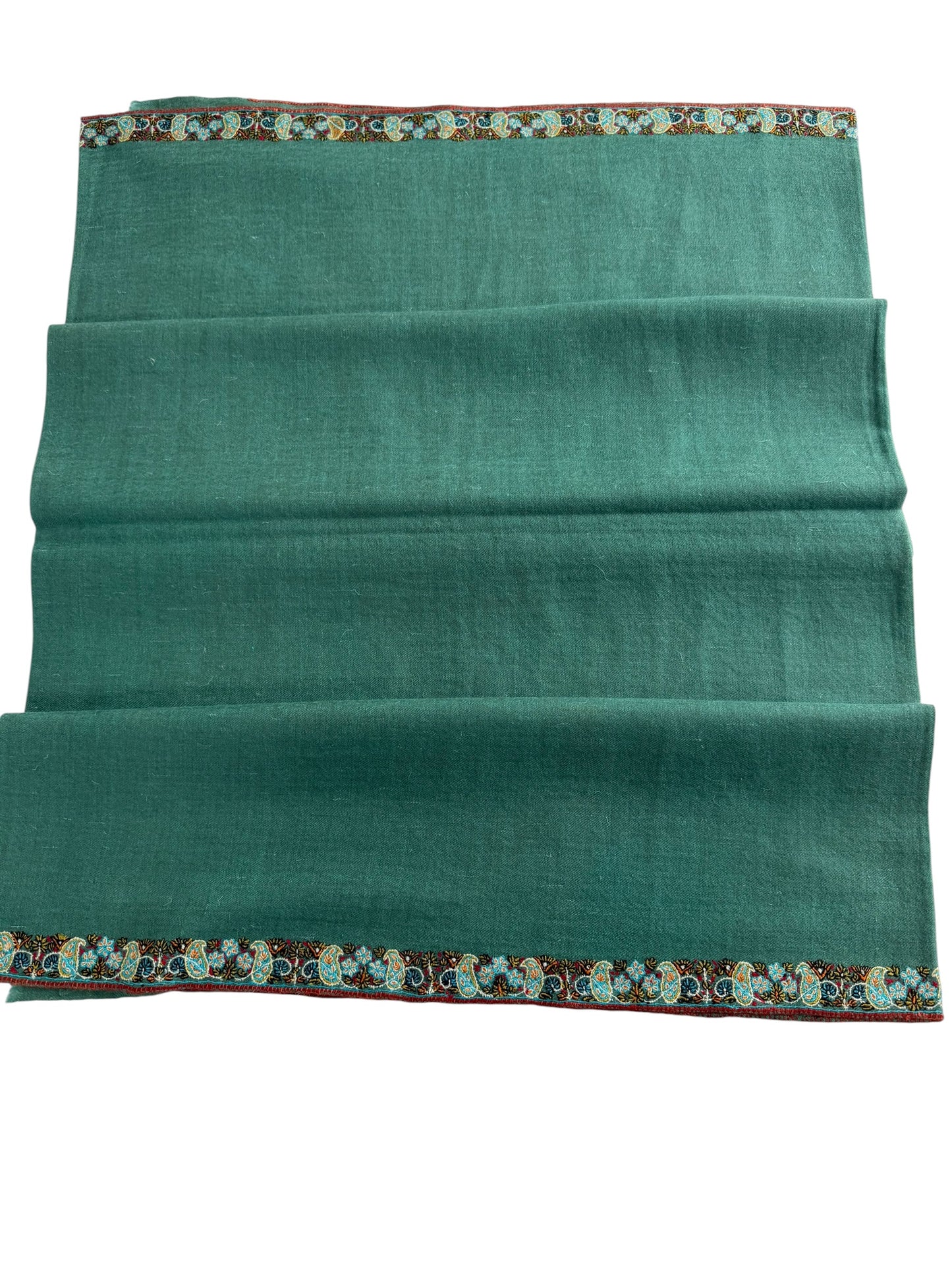 Teal Green Pure Pashmina Shawl with Sozni Paisley Border & Bird Motif