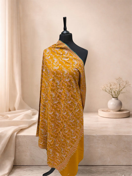 Mustard Gold Pure Pashmina Shawl with Sozni Jaal Embroidery