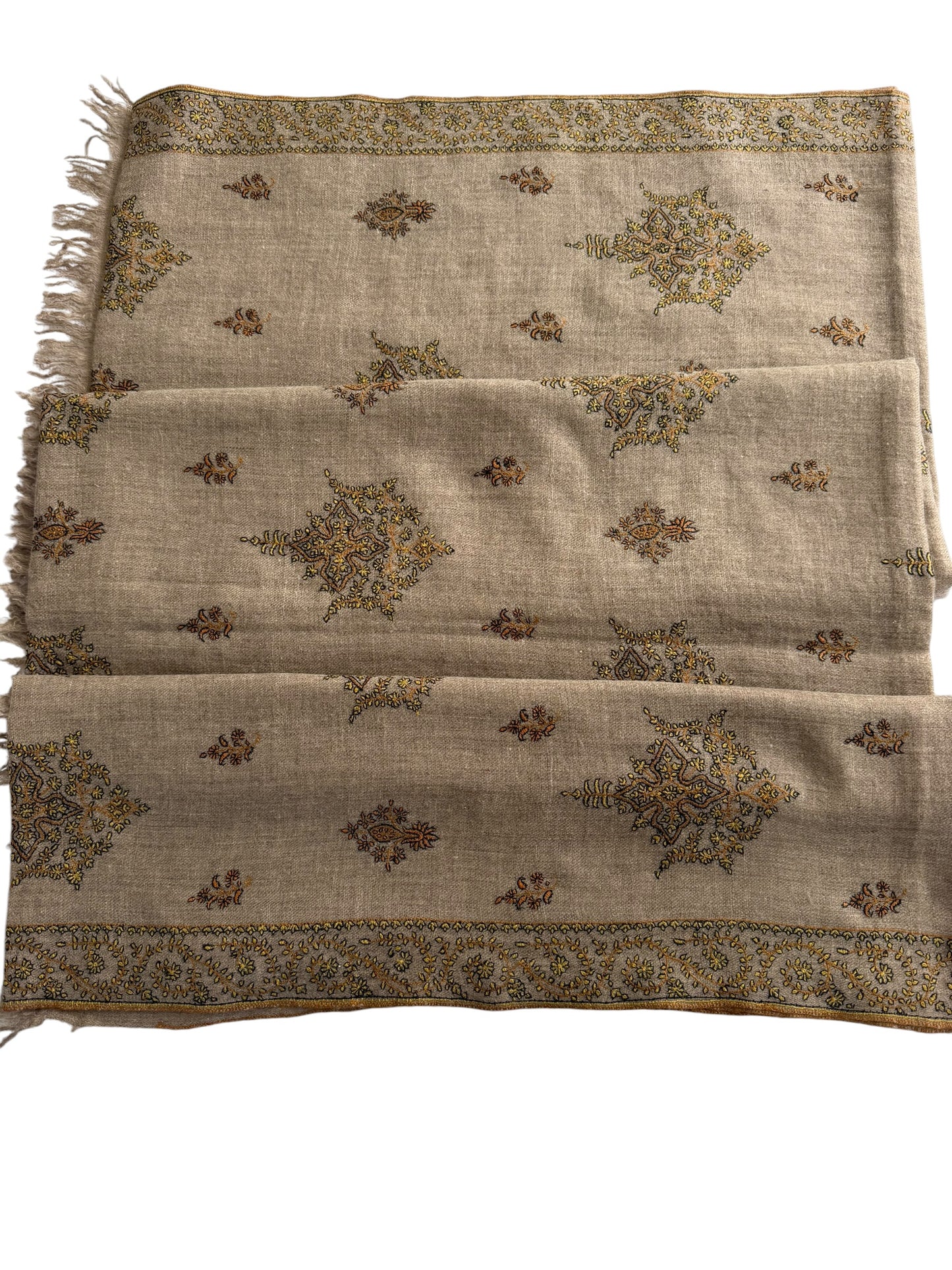 Natural Beige Pashmina Shawl with Sozni Tilla Embroidery and Star Motifs