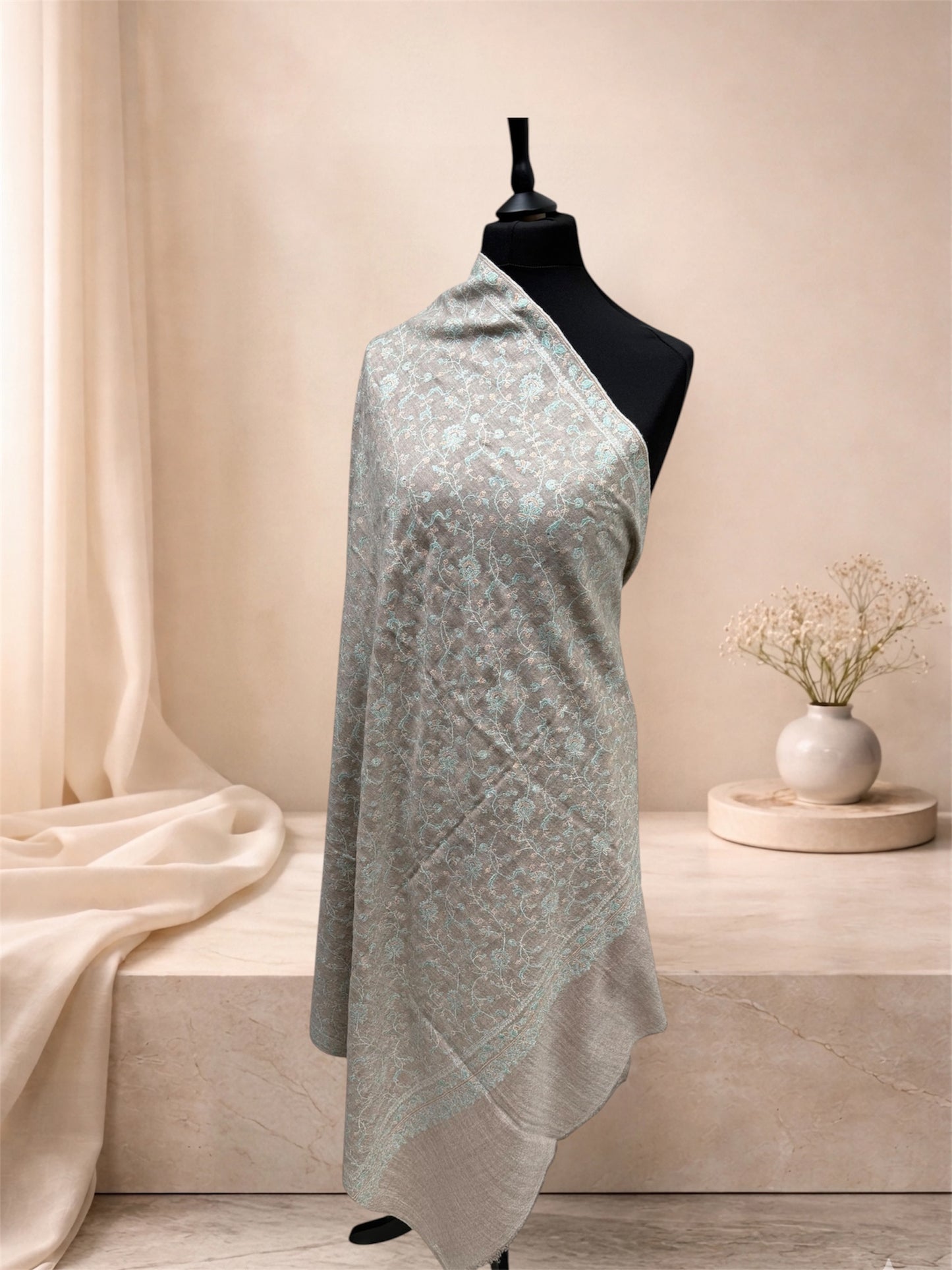 Natural Beige Pashmina Shawl with Sozni Embroidery Floral Jaal