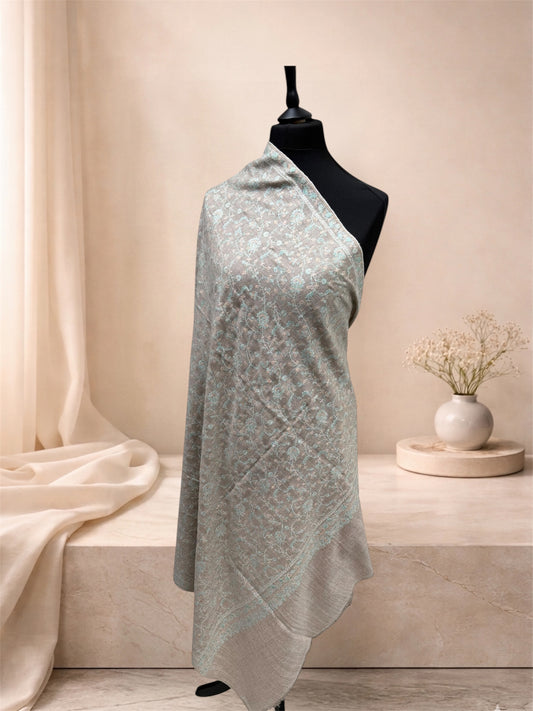 Natural Beige Pashmina Shawl with Sozni Embroidery Floral Jaal