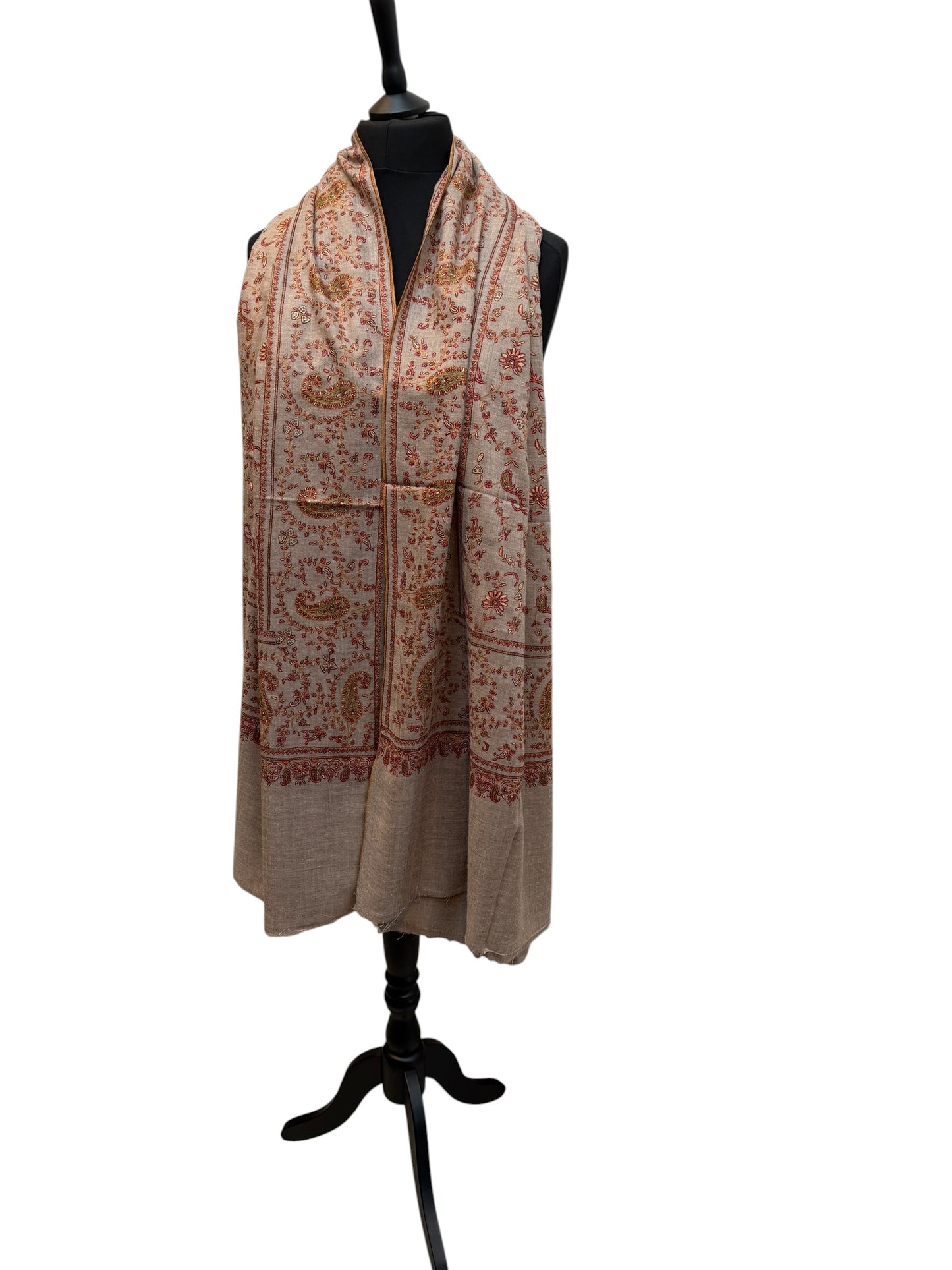 Natural Beige Pashmina Shawl with Sozni Paisley Jaal Embroidery