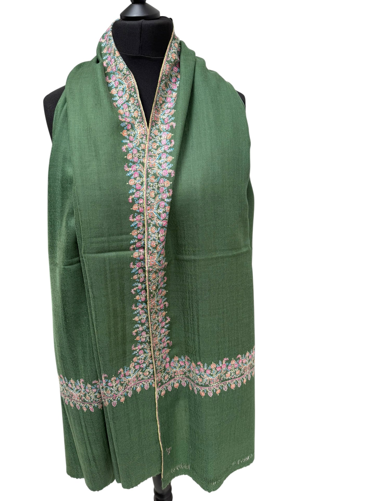 Juniper Green Pure Pashmina Shawl with Sozni Floral Border Embroidery