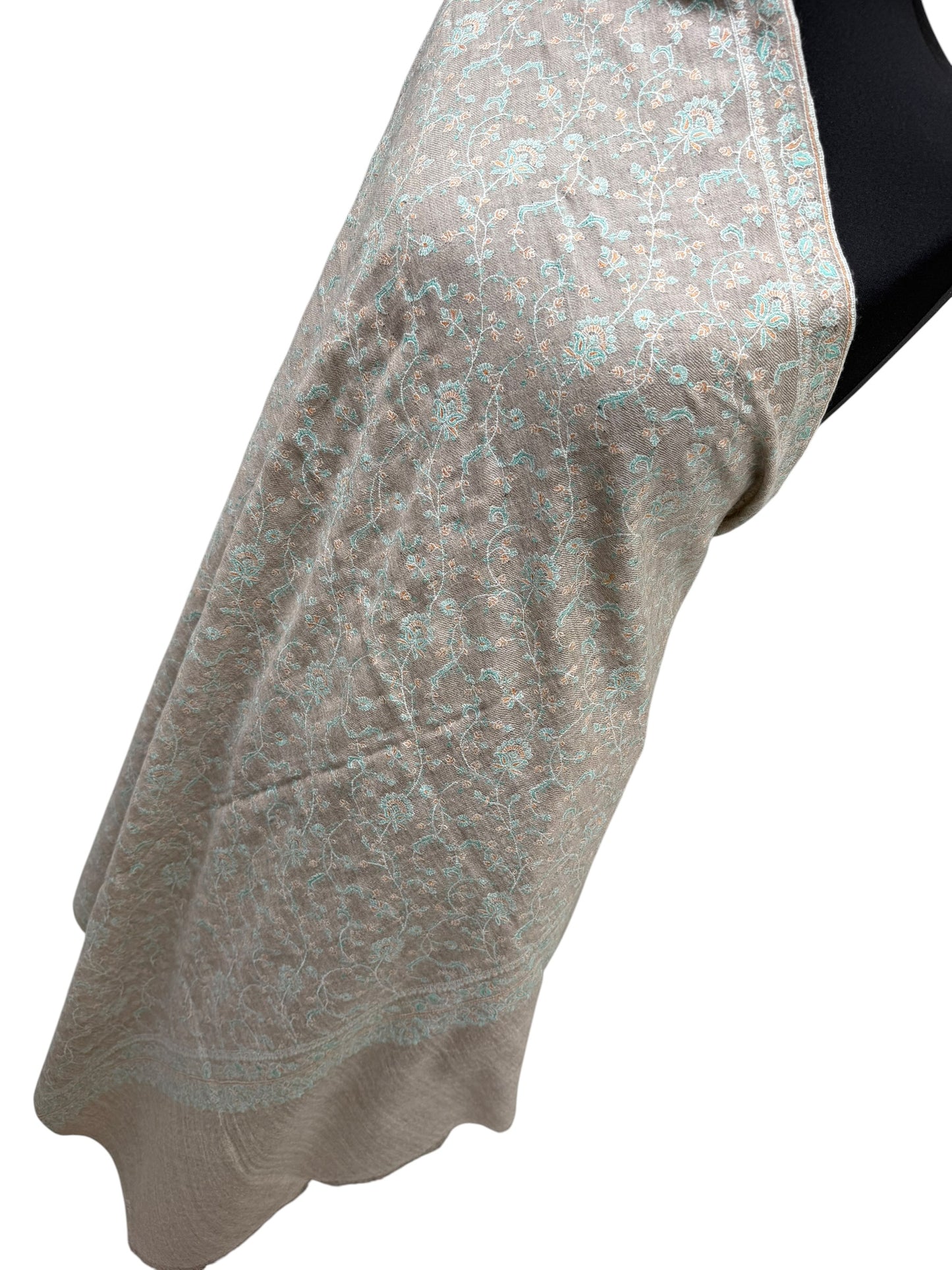 Natural Beige Pashmina Shawl with Sozni Embroidery Floral Jaal
