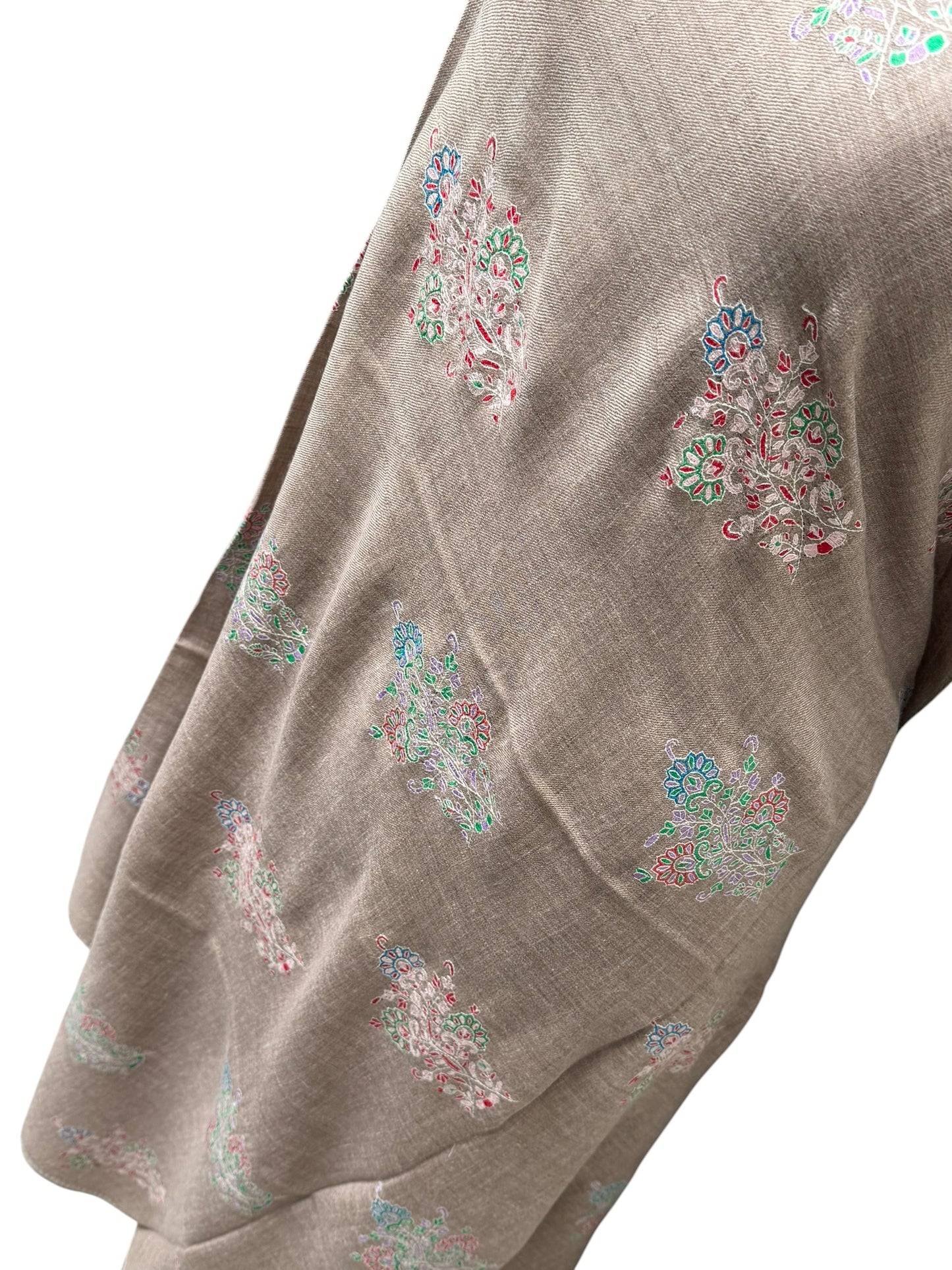 Natural Taupe Pashmina Shawl with Sozni Embroidery Buta Motifs