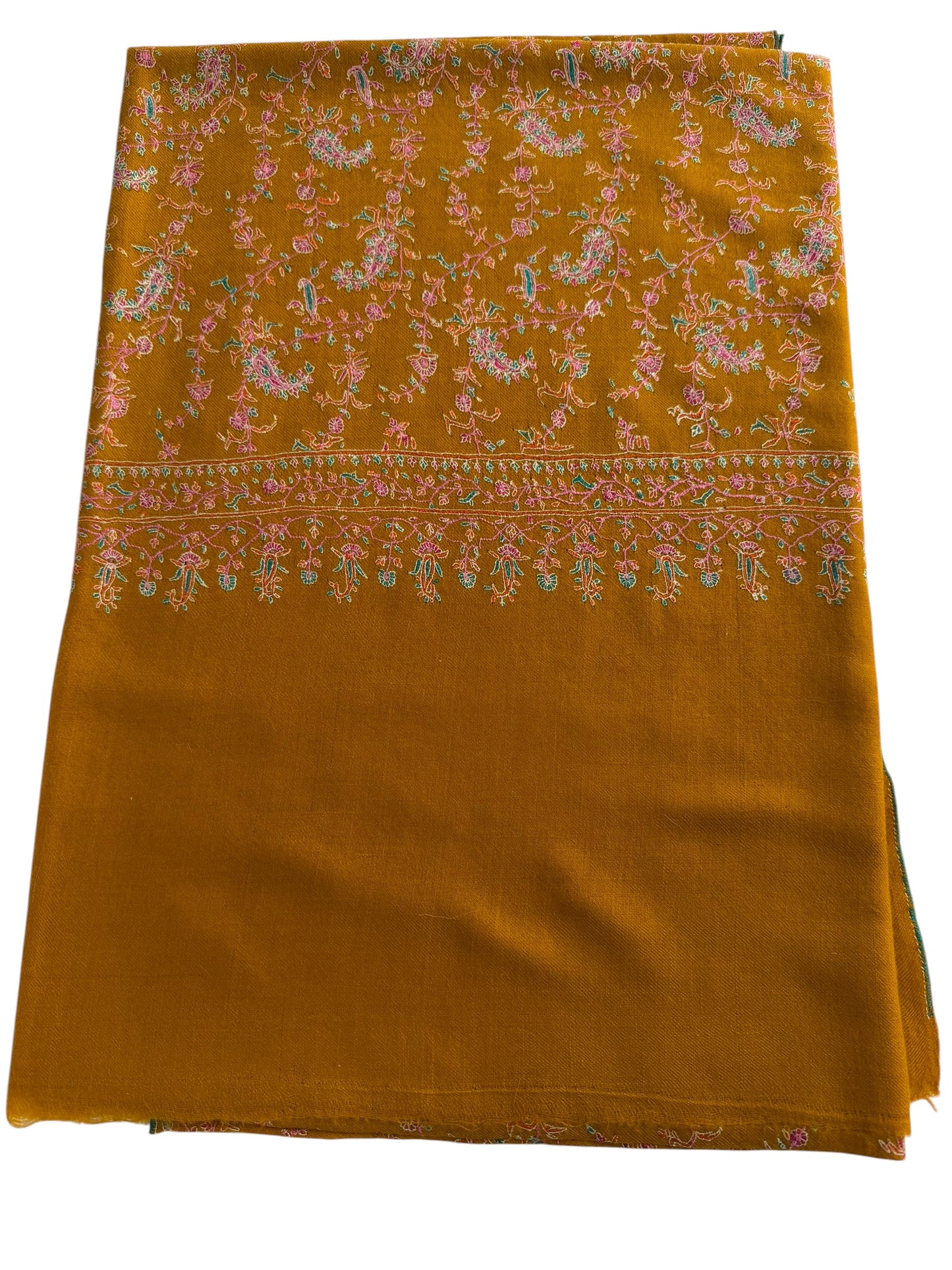 Mustard Gold Pure Pashmina Shawl with Sozni Jaal Embroidery