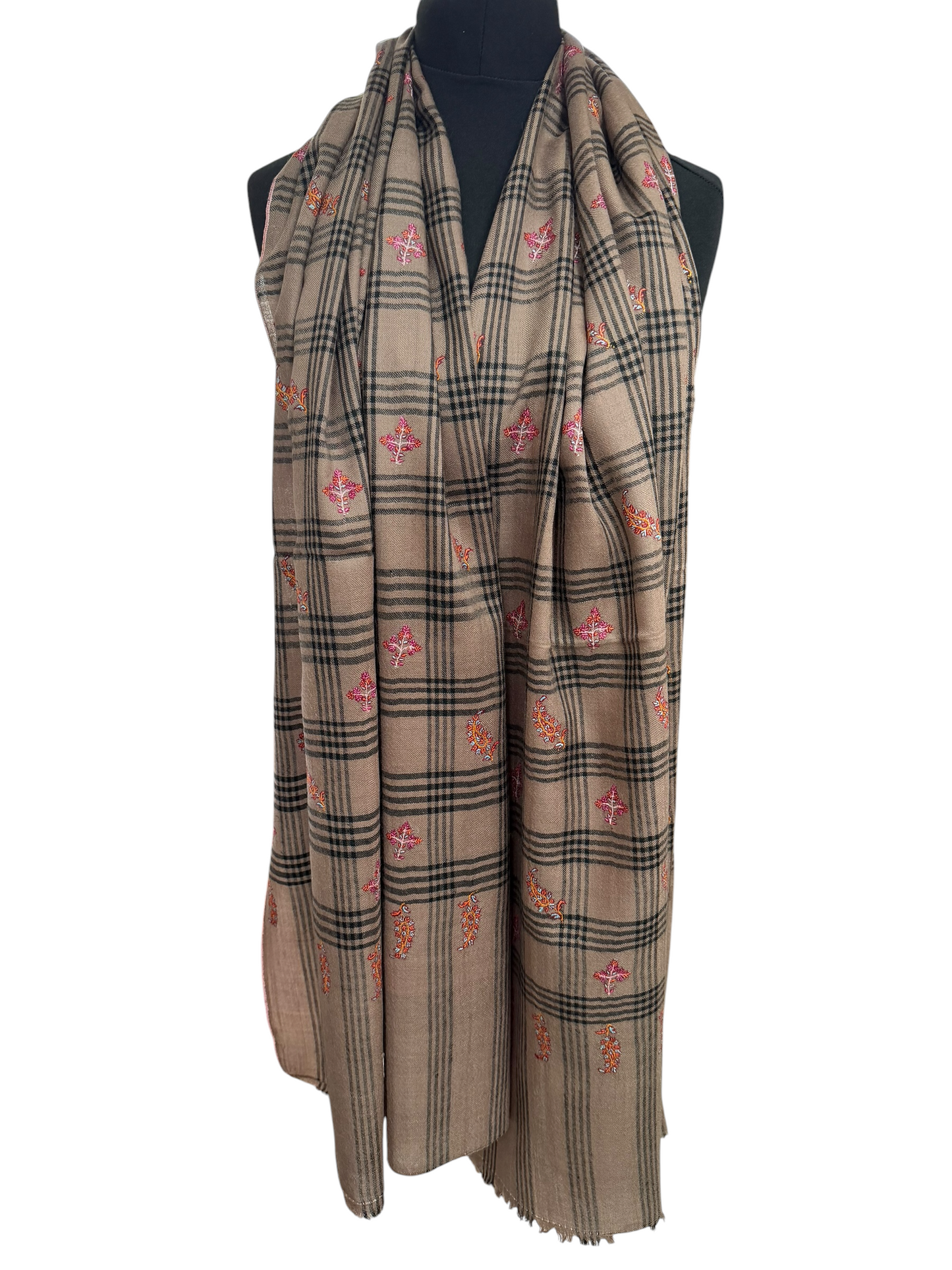 Beige Checked Pashmina Shawl with Sozni Paisley & Floral Buti Embroidery