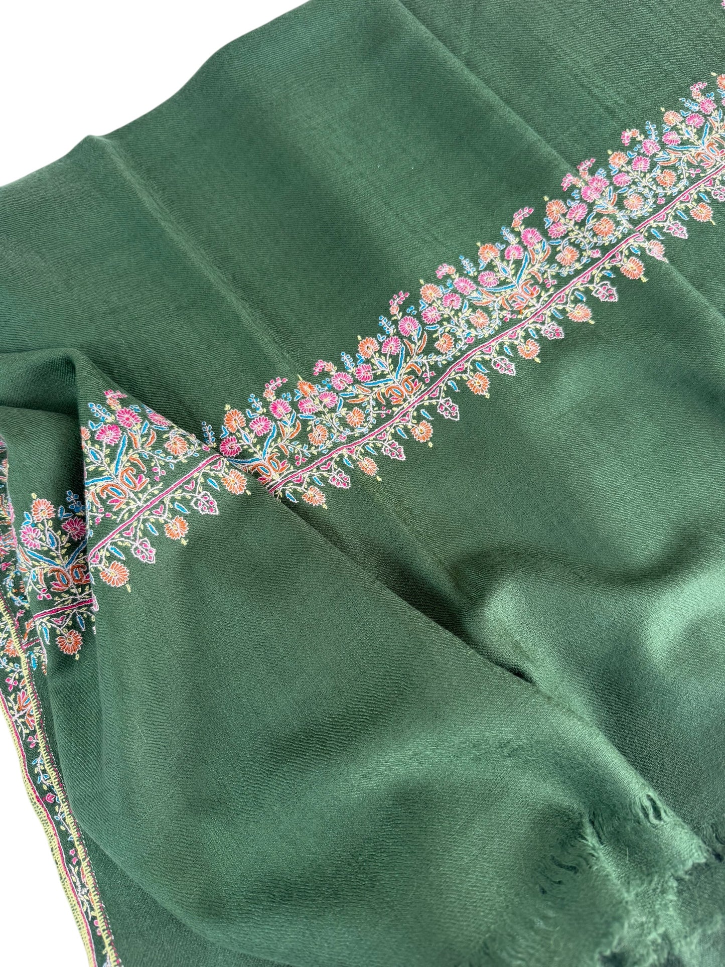 Juniper Green Pure Pashmina Shawl with Sozni Floral Border Embroidery