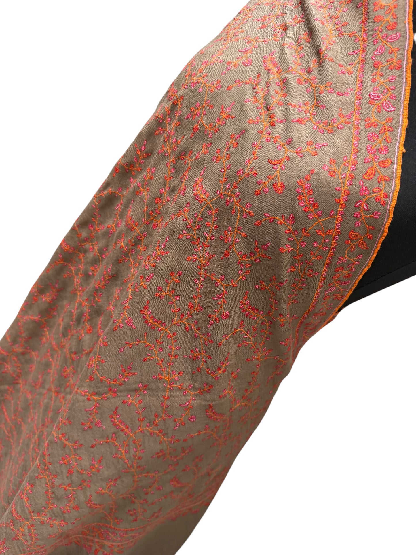 Natural Taupe Pashmina Shawl with Sozni Floral Vine Embroidery
