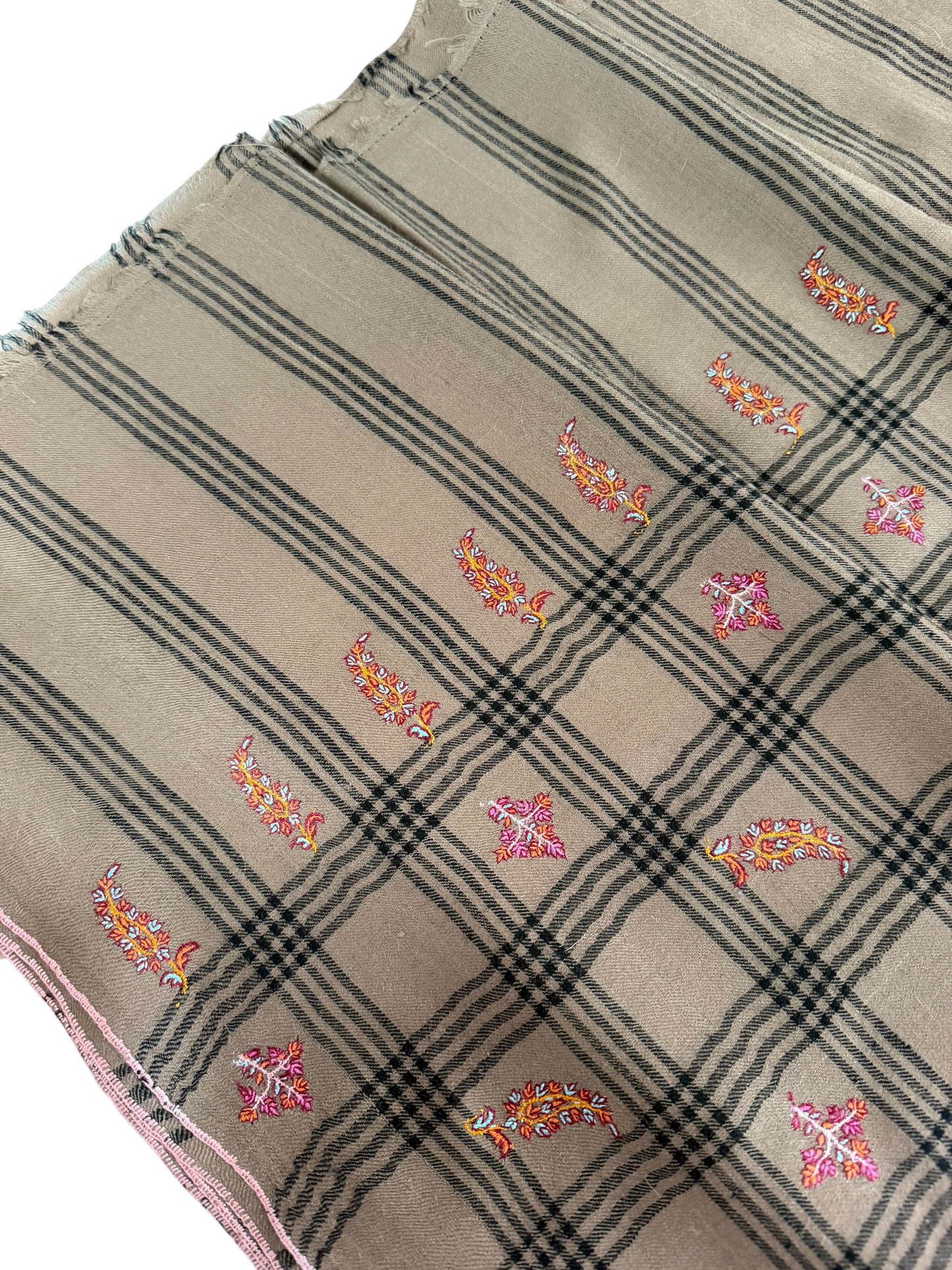 Beige Checked Pashmina Shawl with Sozni Paisley & Floral Buti Embroidery