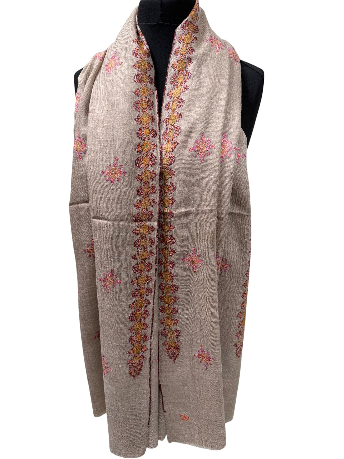 Natural Beige Pashmina Shawl with Sozni Floral Embroidery & Border