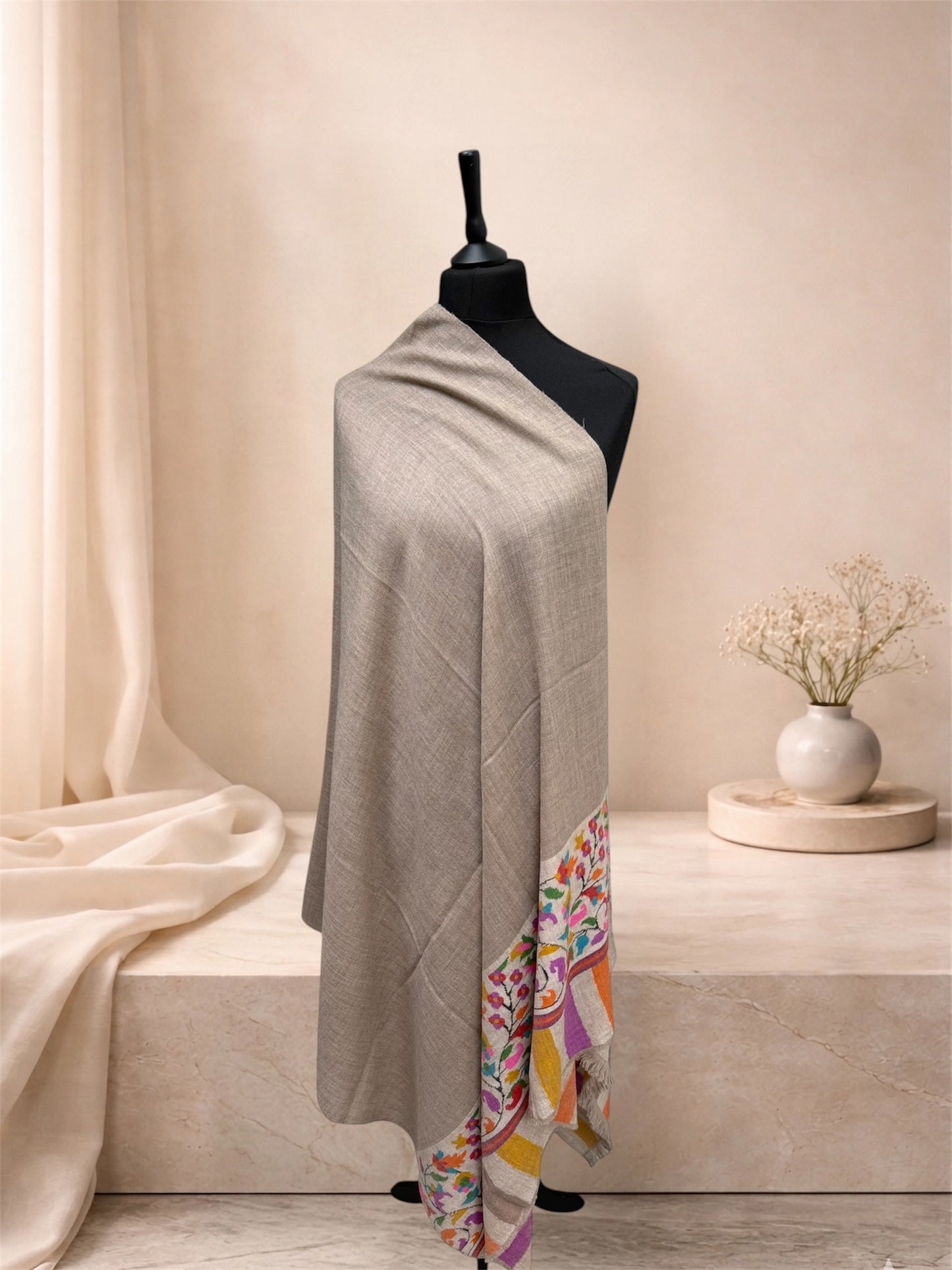 Natural Beige Pure Pashmina Kani Shawl with Multicolour Floral Border