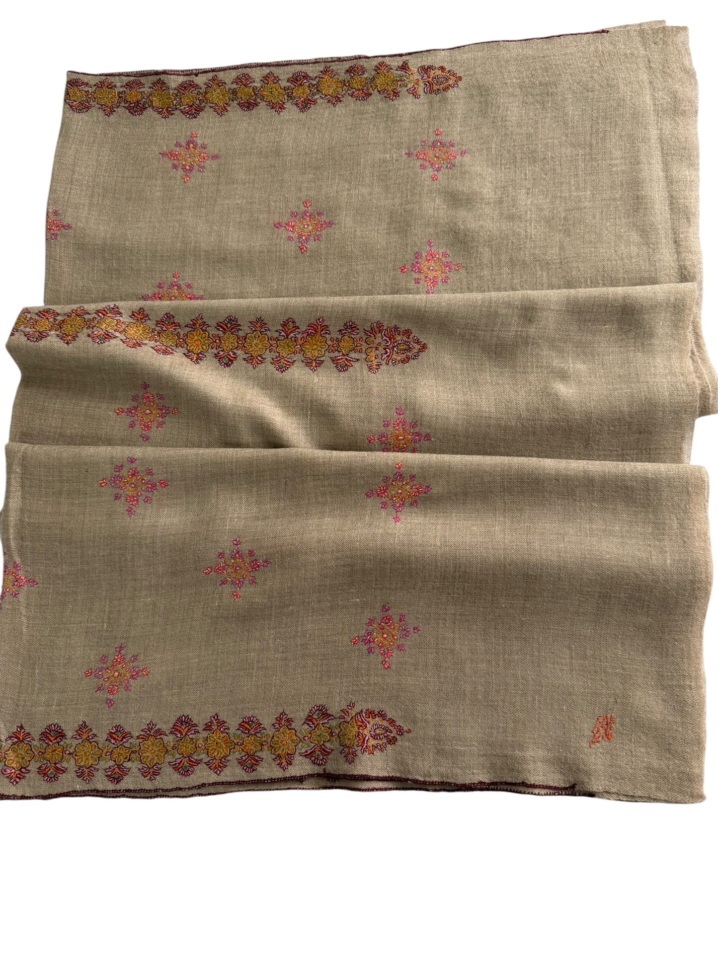 Natural Beige Pashmina Shawl with Sozni Floral Embroidery & Border