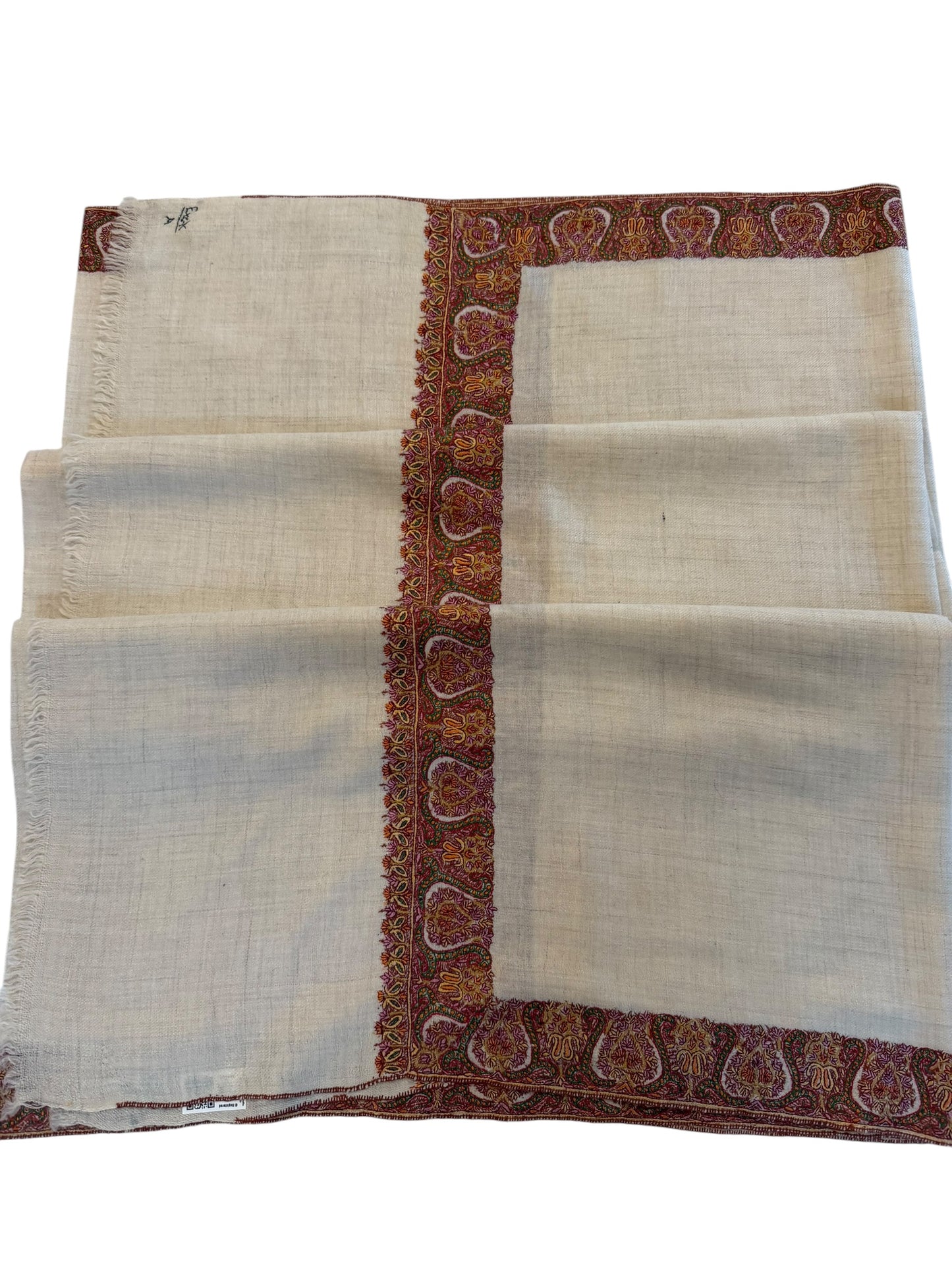 Ivory Pashmina Shawl with Sozni Embroidered Paisley Border