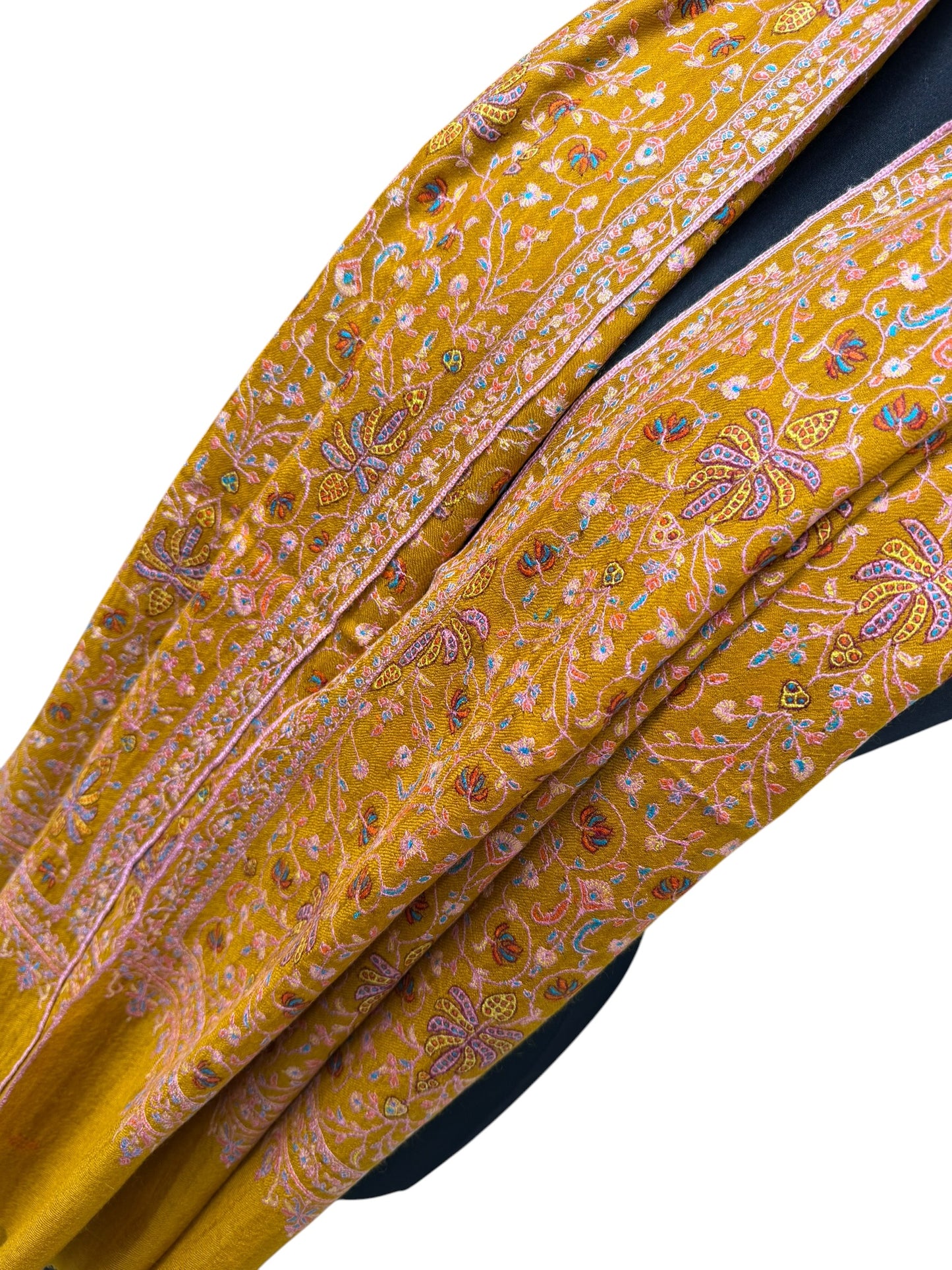 Mustard Gold Pure Pashmina Shawl with Sozni Embroidery Floral Jaal
