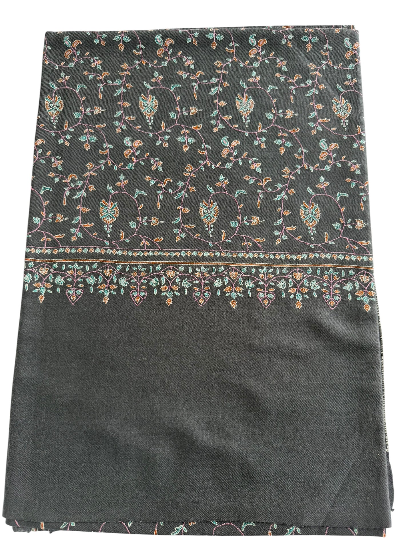 Slate-Grey Pure Pashmina Shawl with Sozni Embroidery Floral Jaal