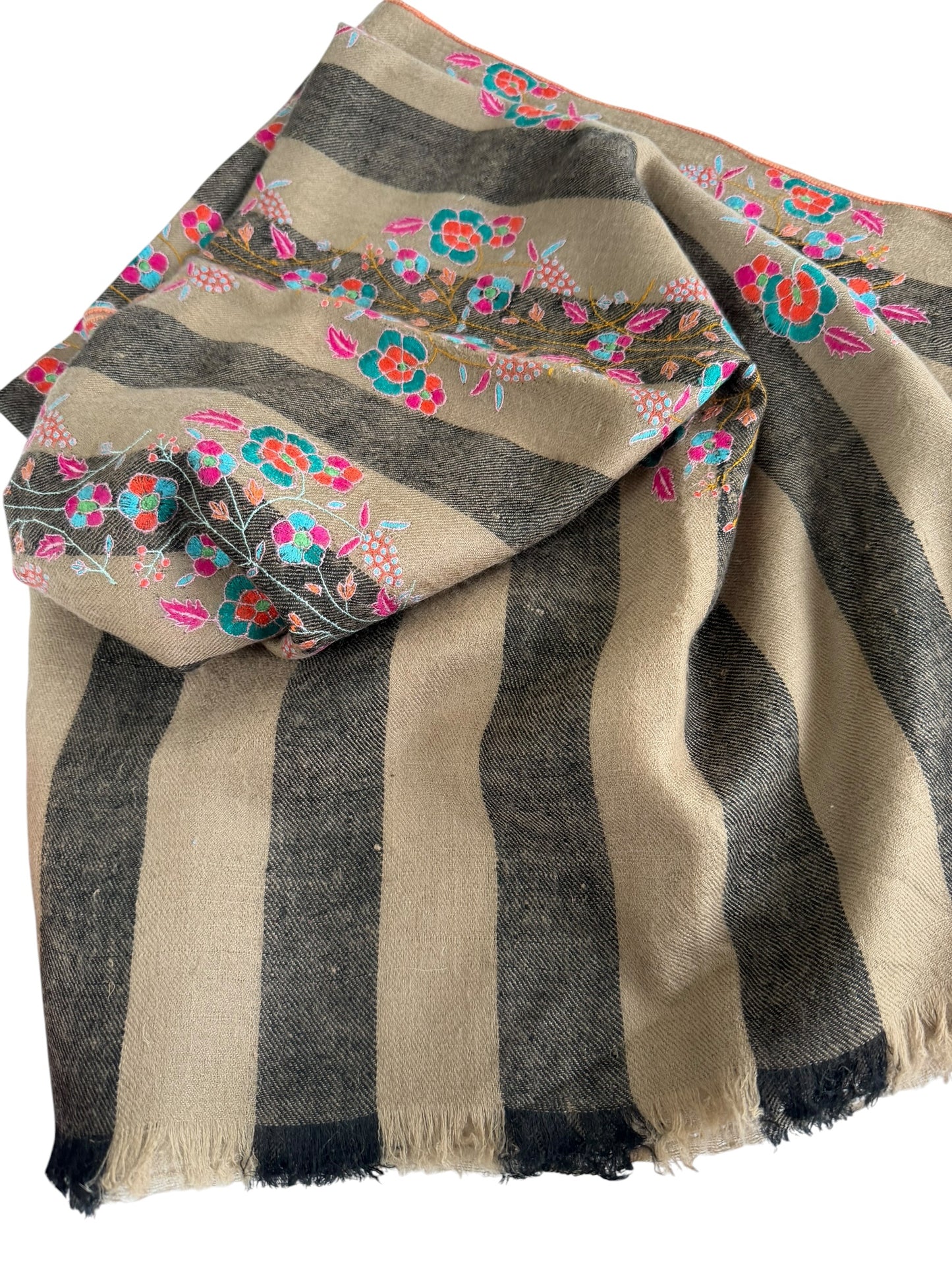 Natural & Charcoal Striped Pashmina Shawl with Sozni Floral Embroidery