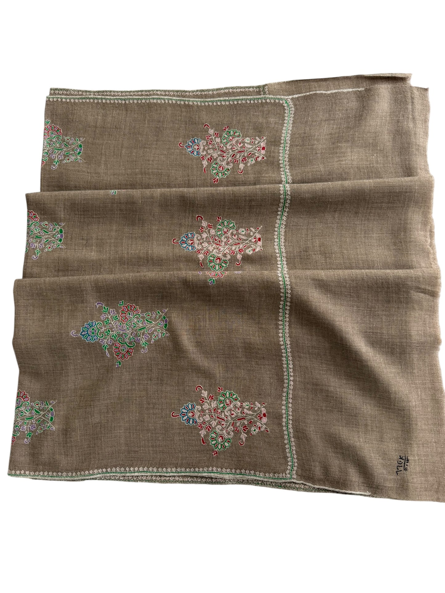 Natural Taupe Pashmina Shawl with Sozni Embroidery Buta Motifs