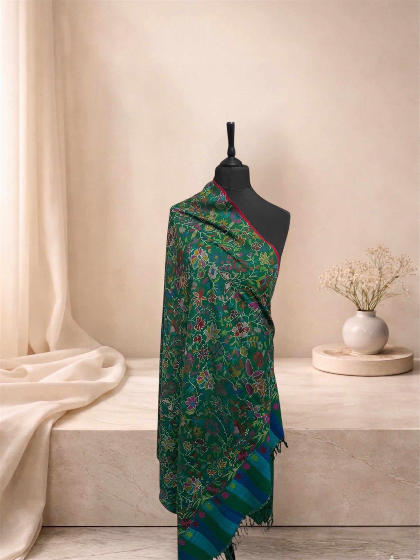 Emerald Green Pashmina Shawl with Kani Woven Floral Jaal