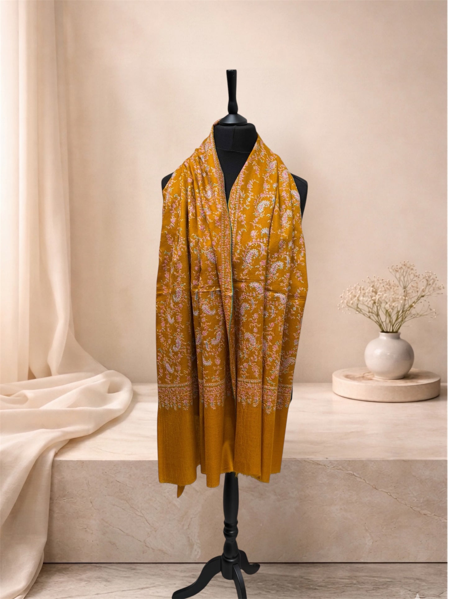 Mustard Gold Pure Pashmina Shawl with Sozni Jaal Embroidery
