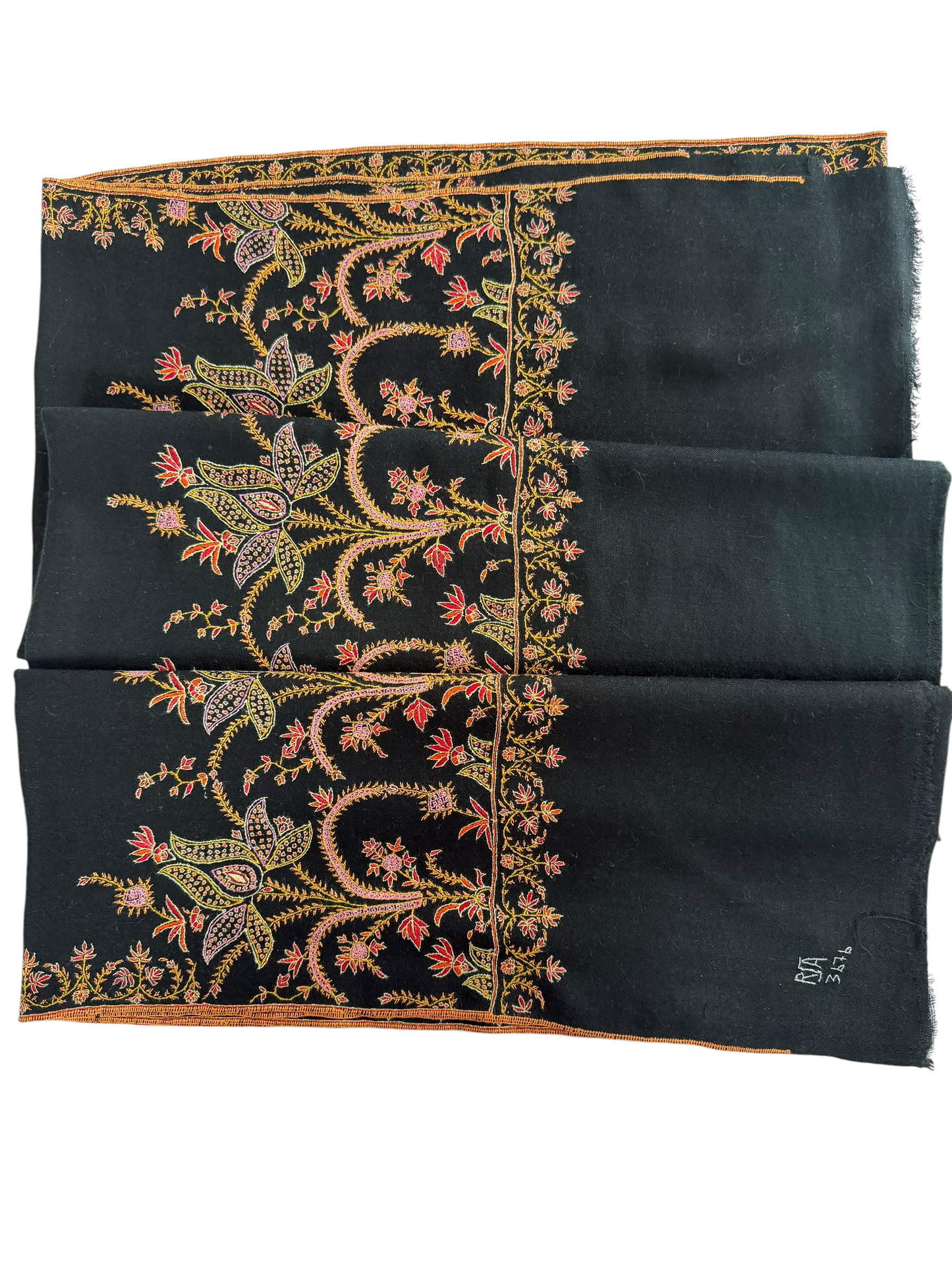 Black Pure Pashmina Shawl with Sozni Embroidered Floral Border