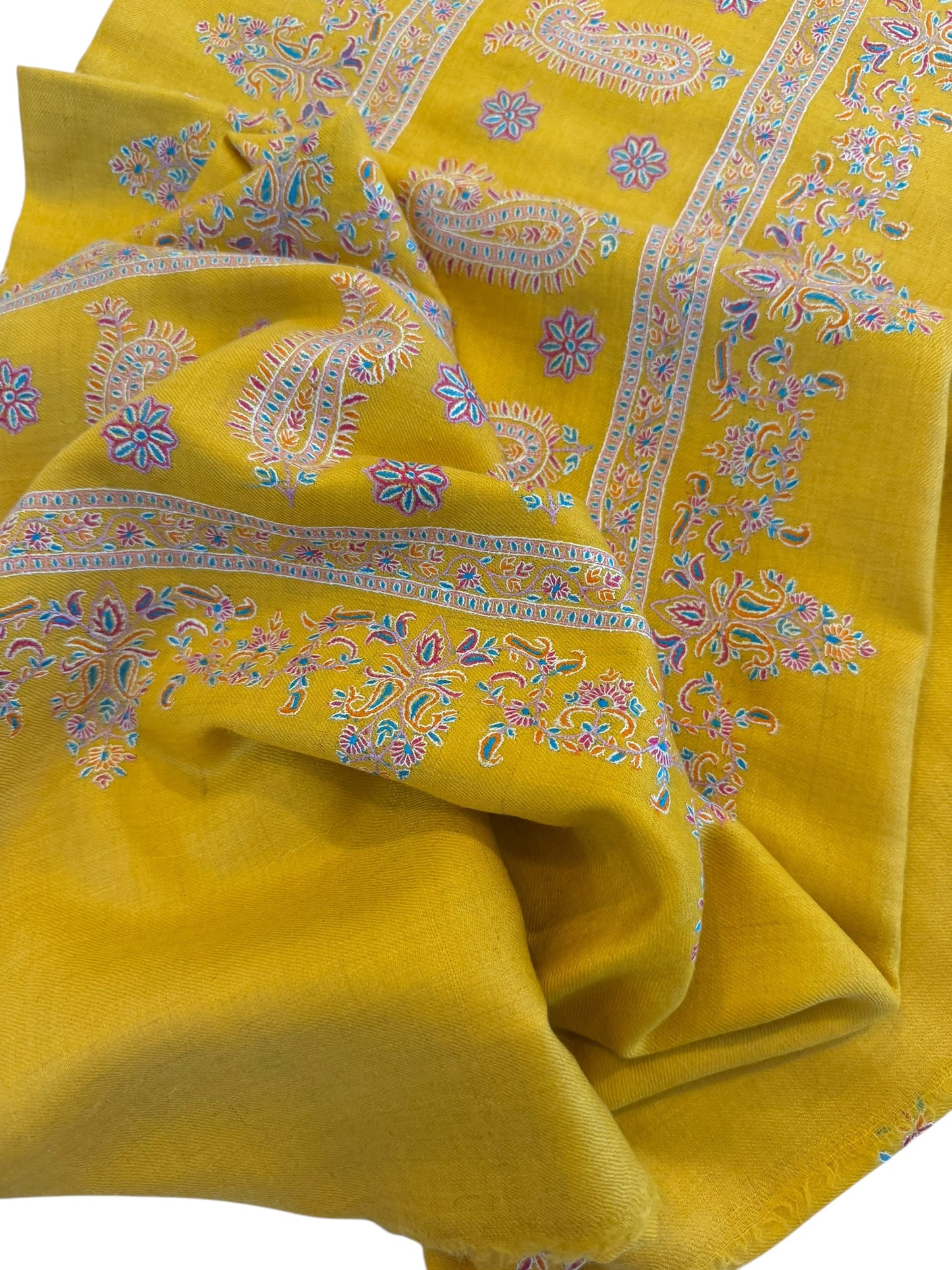 Mustard Yellow Pashmina Shawl with Sozni Paisley & Floral Border Embroidery