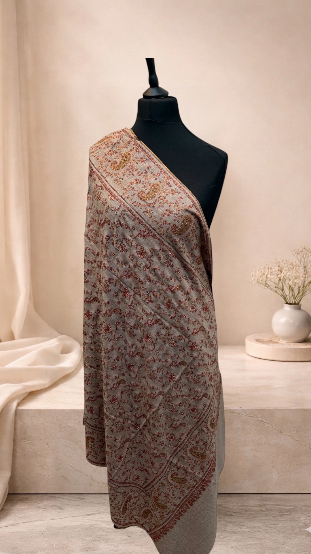 Natural Beige Pashmina Shawl with Sozni Paisley Jaal Embroidery