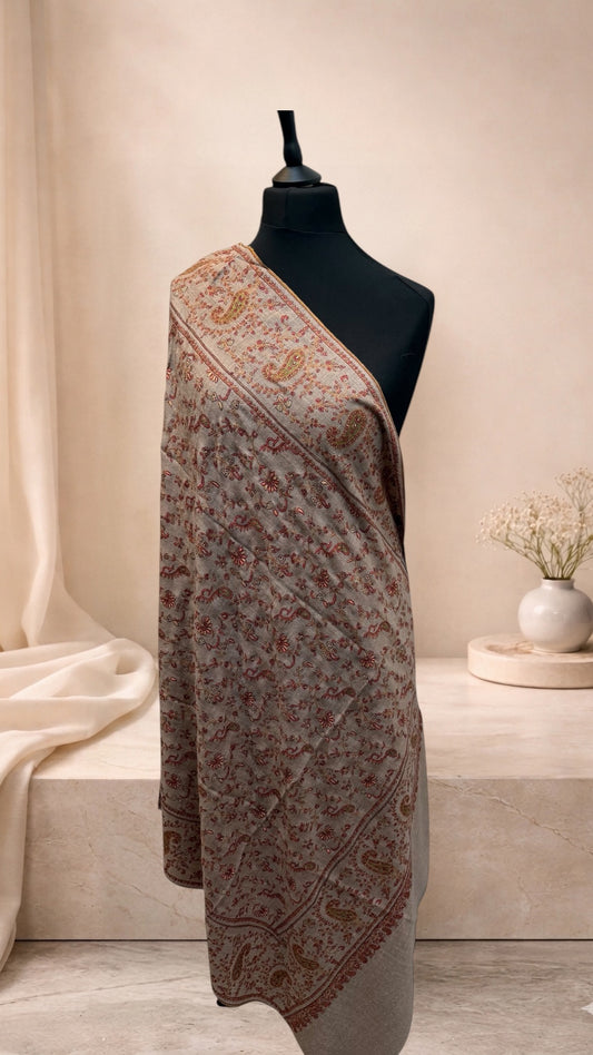 Natural Beige Pashmina Shawl with Sozni Paisley Jaal Embroidery