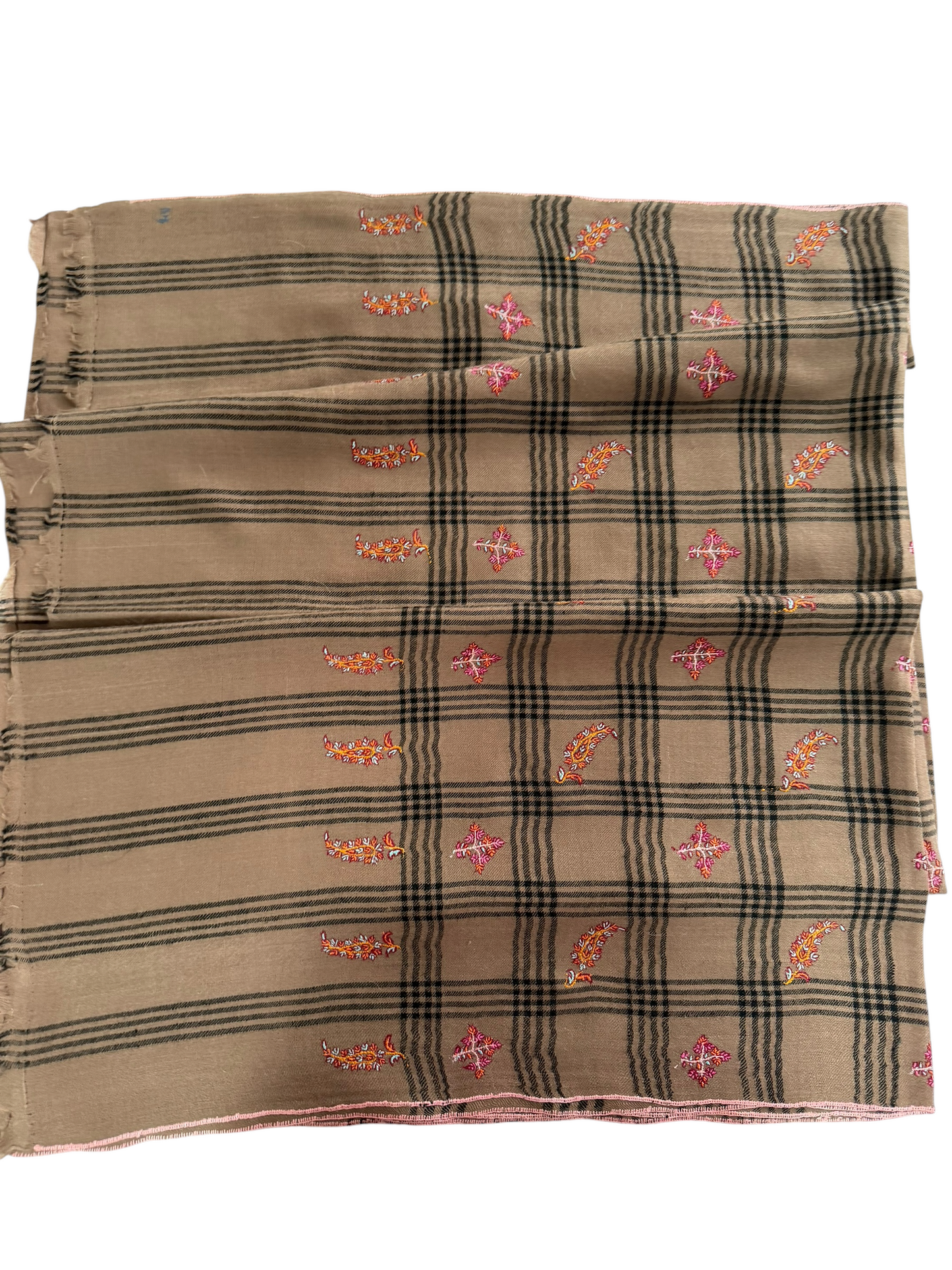 Beige Checked Pashmina Shawl with Sozni Paisley & Floral Buti Embroidery