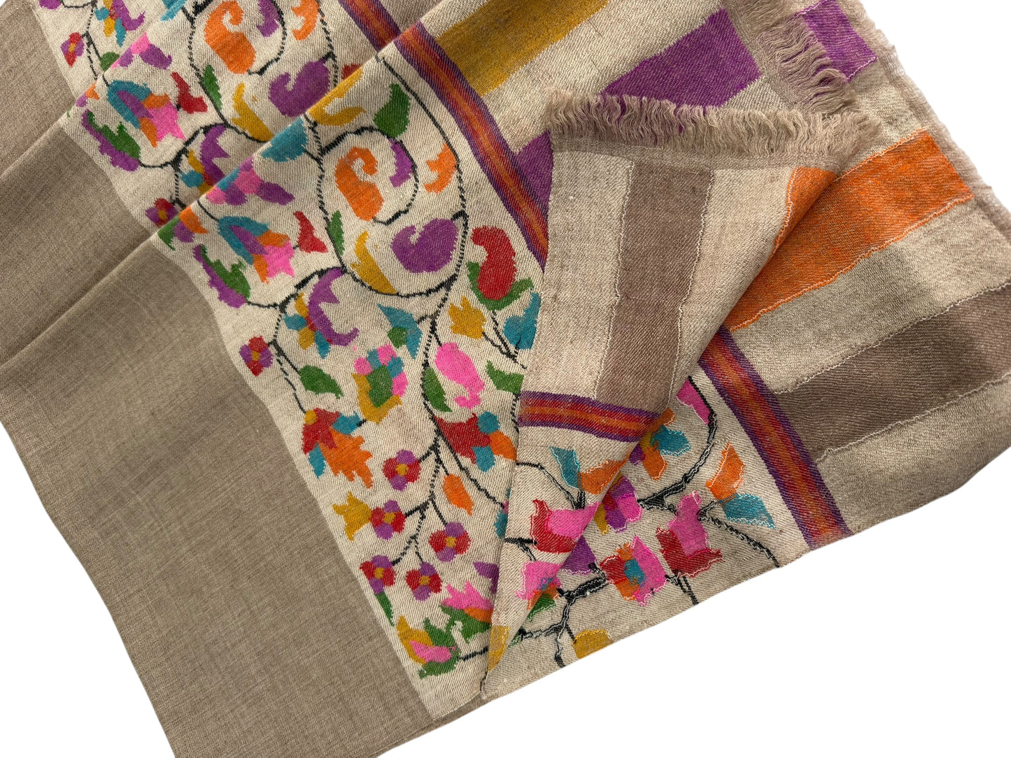 Natural Beige Pure Pashmina Kani Shawl with Multicolour Floral Border
