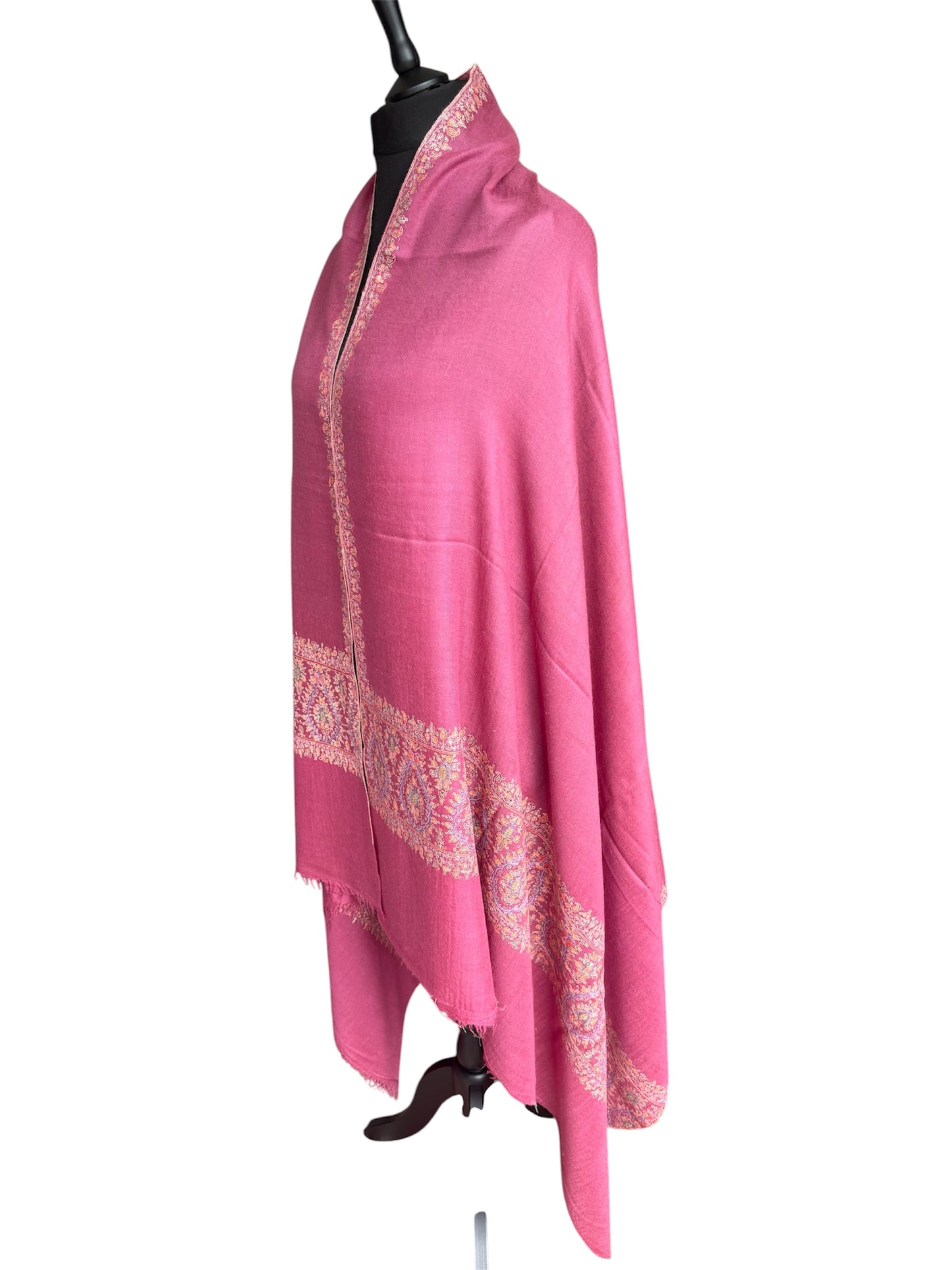 Rose Pink Pure Pashmina Shawl with Sozni Hand-Embroidered Paisley Border