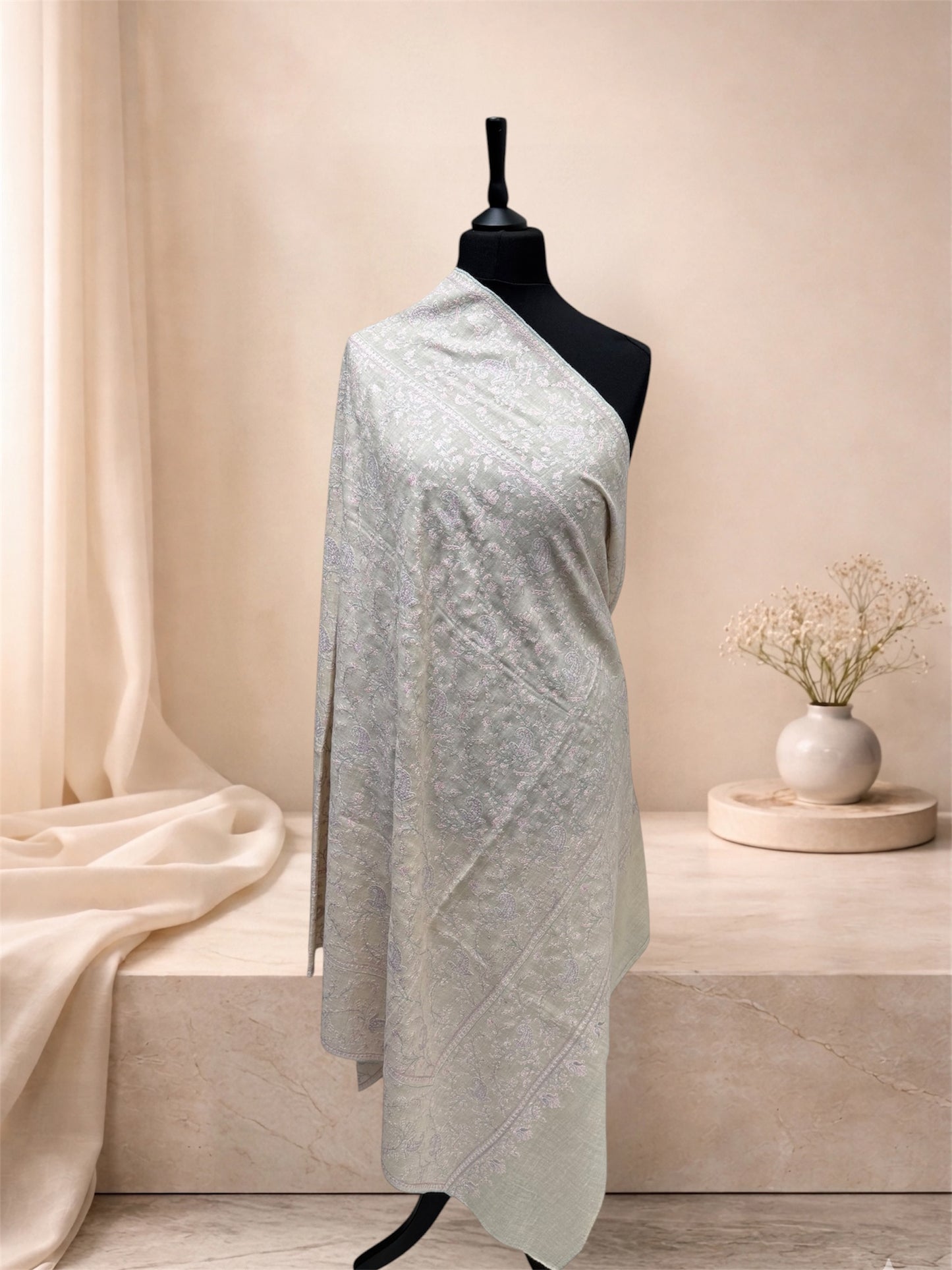 Ivory Pure Pashmina Stole with Sozni Jaal Embroidery in Pastel Multicolour