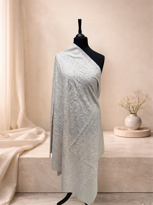Ivory Pure Pashmina Stole with Sozni Jaal Embroidery in Pastel Multicolour