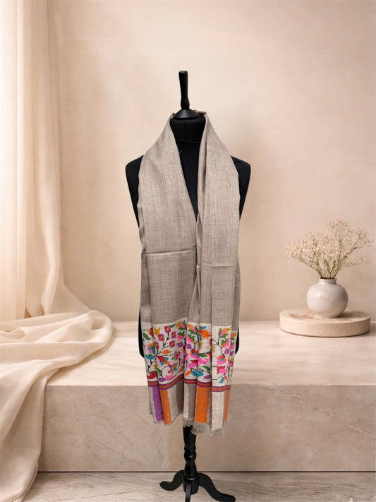 Natural Beige Pure Pashmina Kani Shawl with Multicolour Floral Border