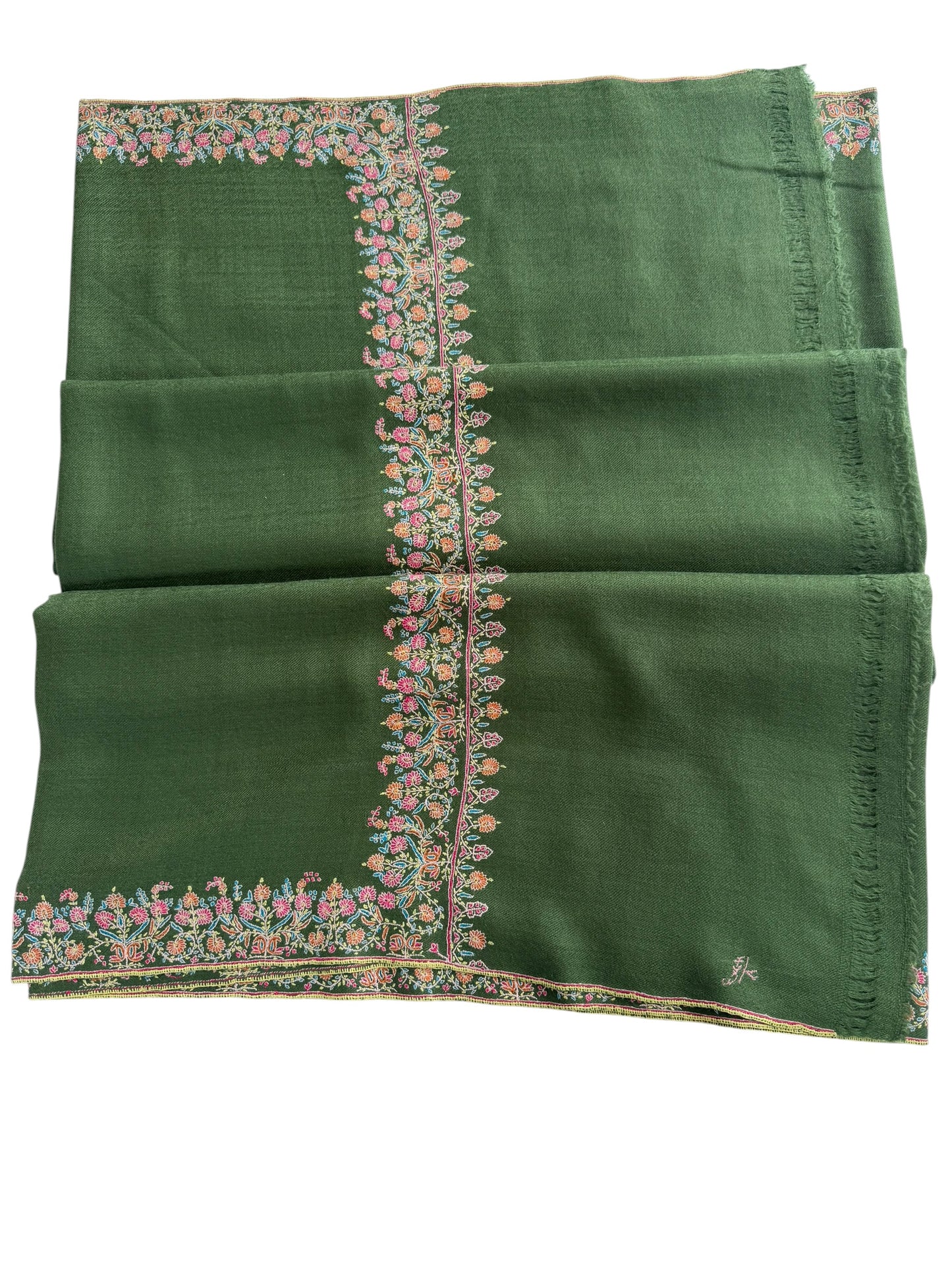 Juniper Green Pure Pashmina Shawl with Sozni Floral Border Embroidery