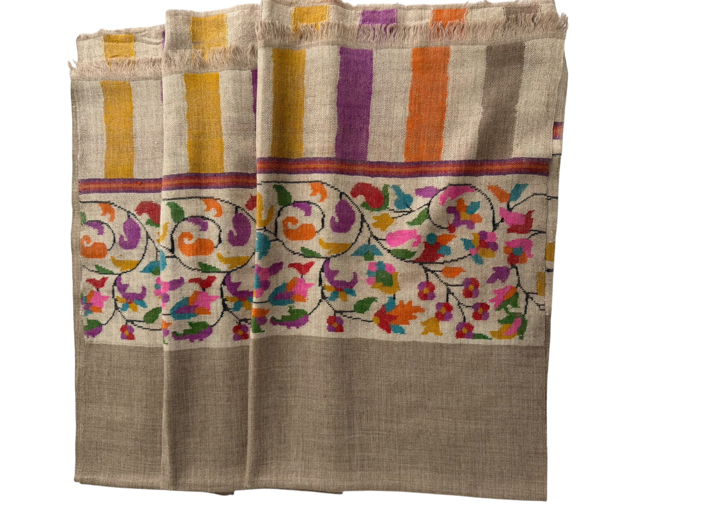 Natural Beige Pure Pashmina Kani Shawl with Multicolour Floral Border