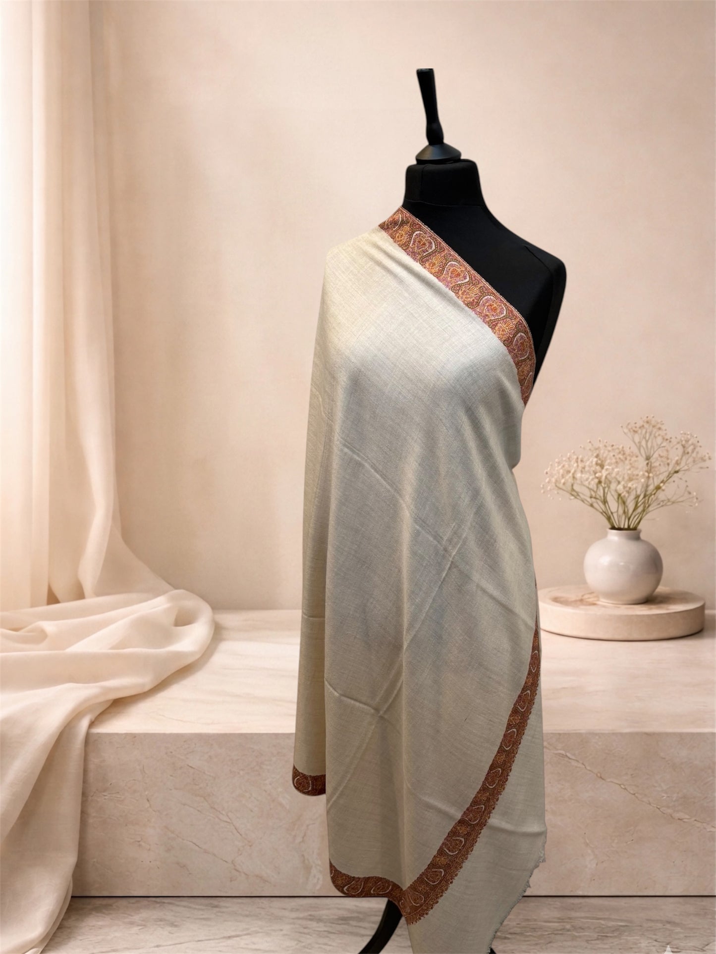 Ivory Pashmina Shawl with Sozni Embroidered Paisley Border