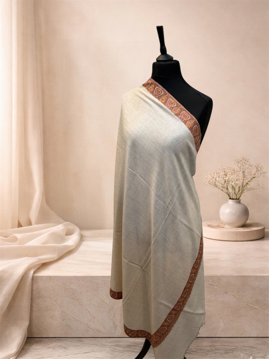 Ivory Pashmina Shawl with Sozni Embroidered Paisley Border