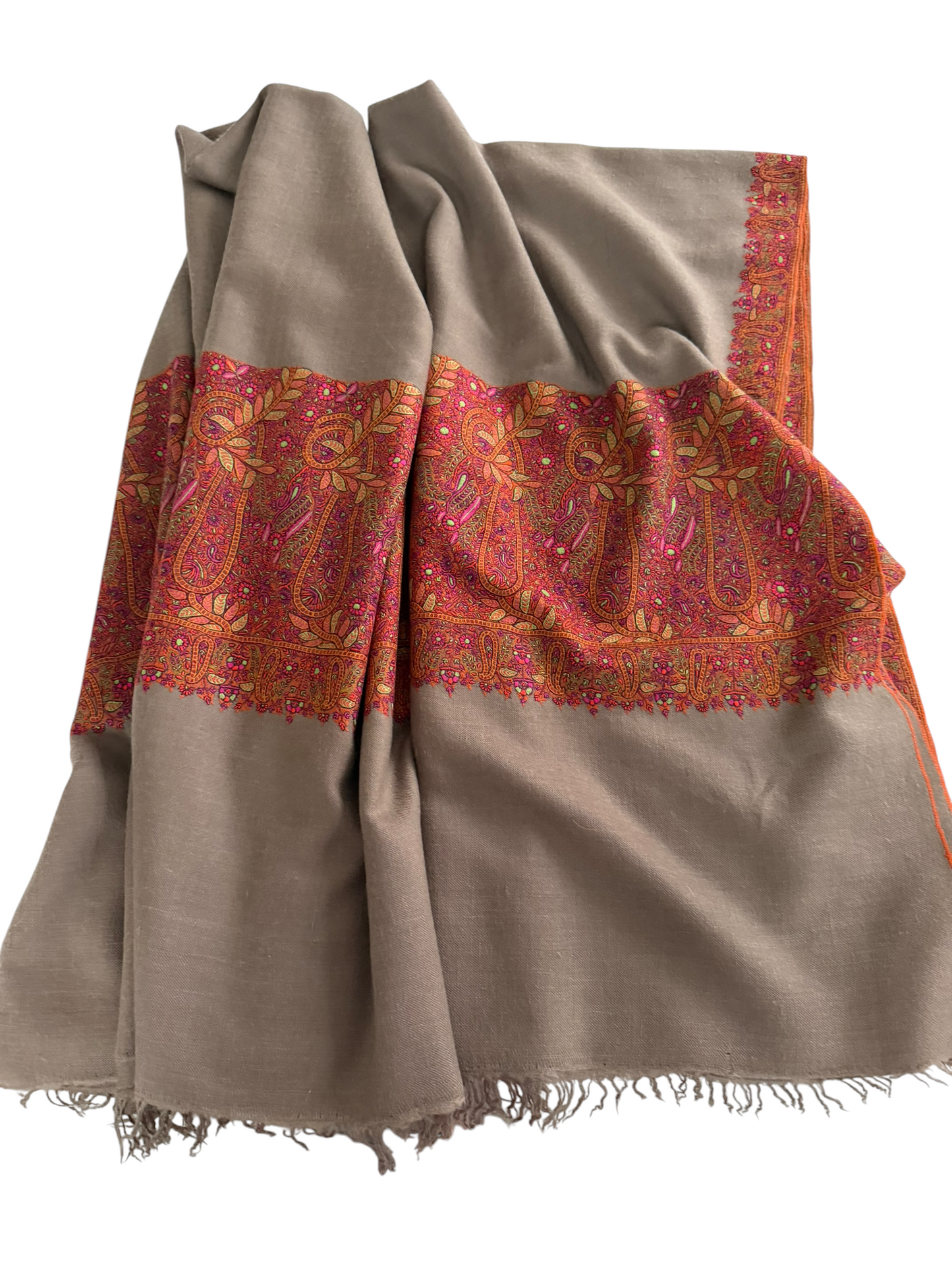 Extra Large Taupe Pashmina Shawl with Sozni Embroidered Paisley Border