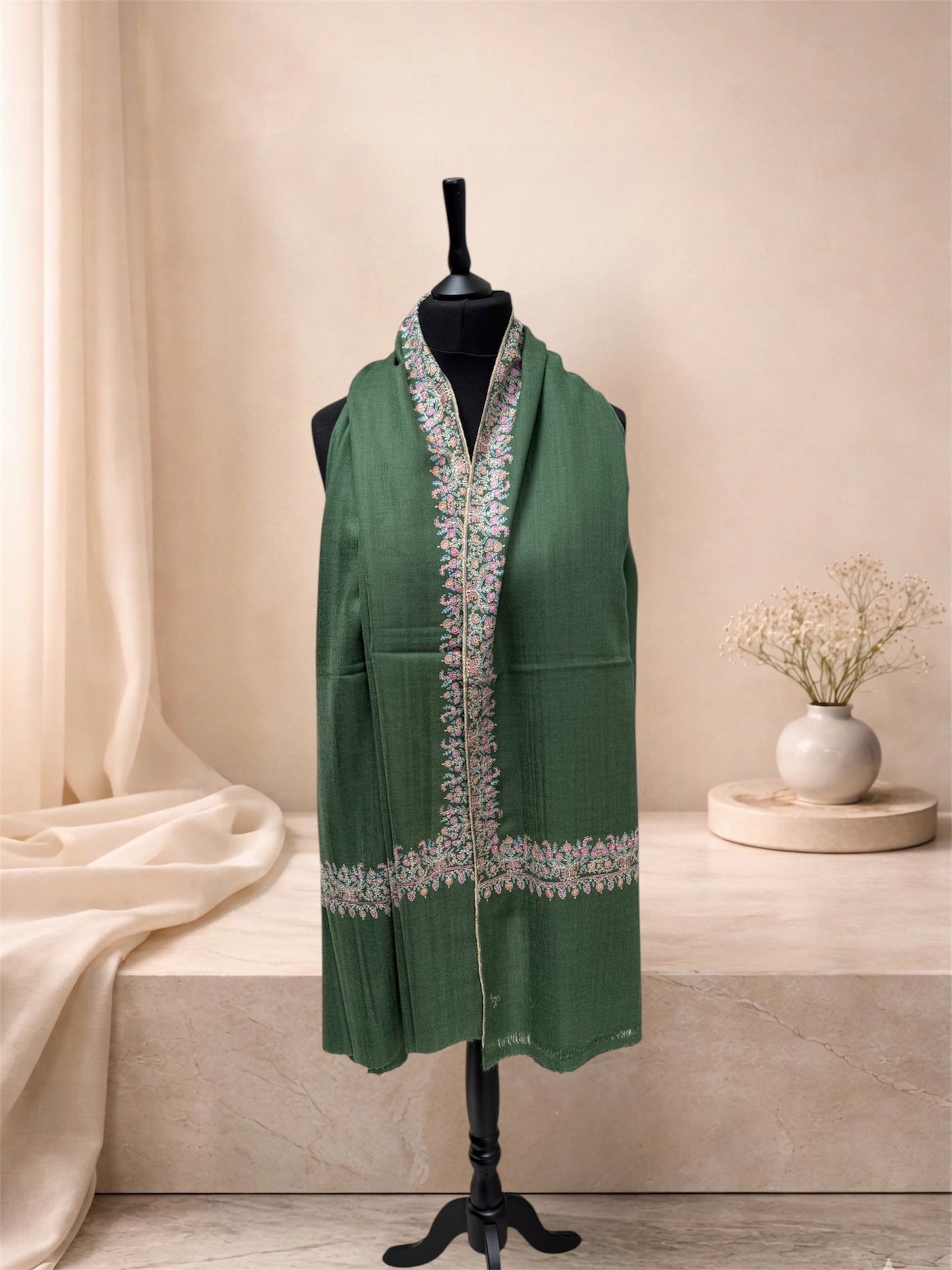 Juniper Green Pure Pashmina Shawl with Sozni Floral Border Embroidery