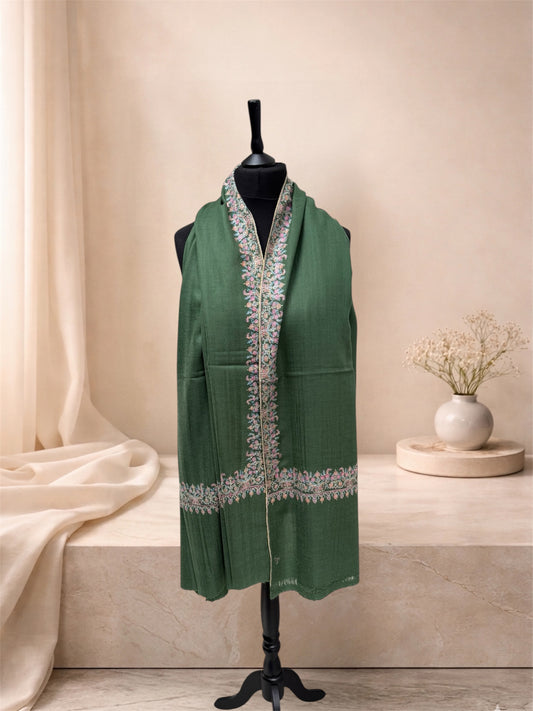 Juniper Green Pure Pashmina Shawl with Sozni Floral Border Embroidery